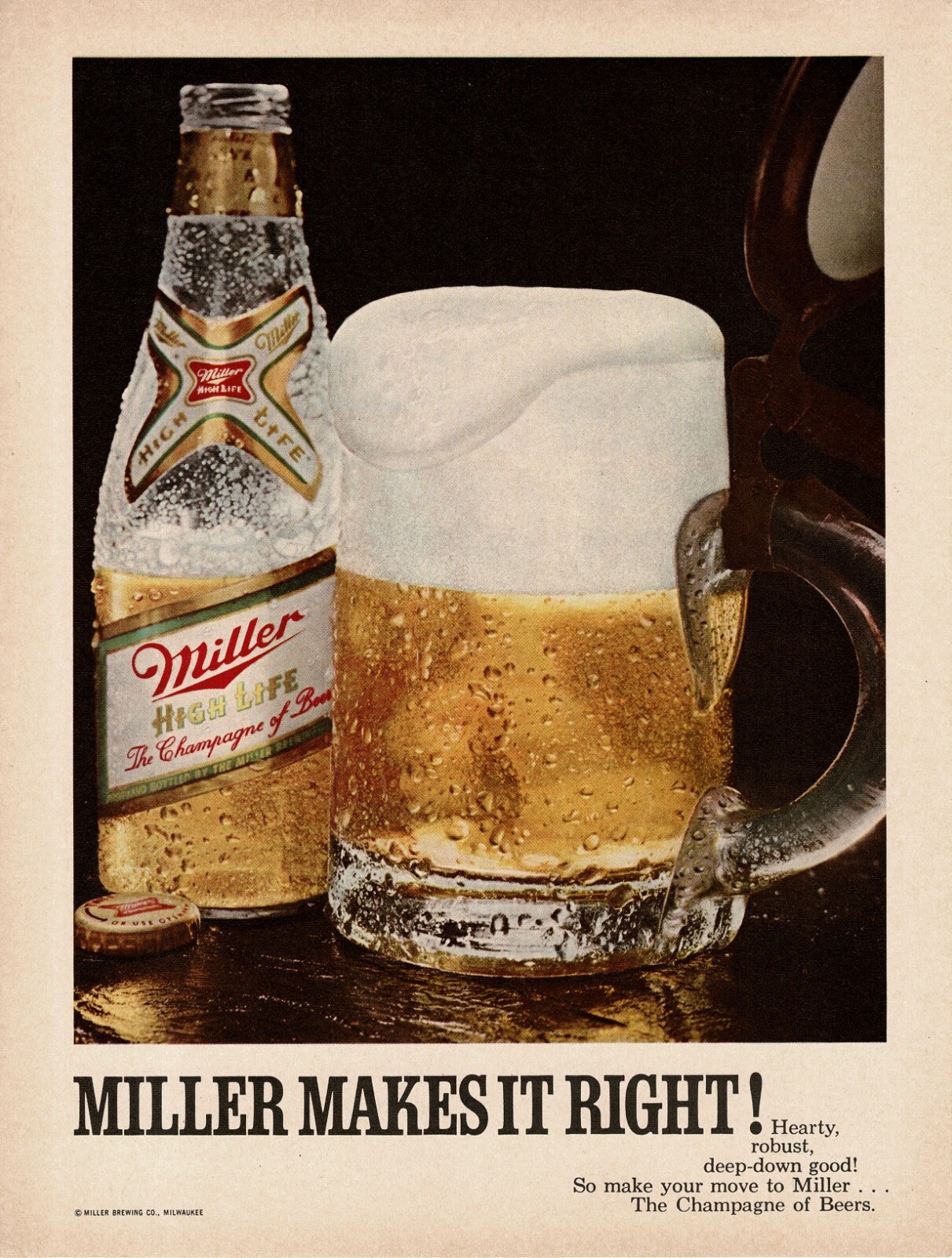 1970 Miller High Life Beer Makes It Right! Frosty Glass Vintage Print Ad