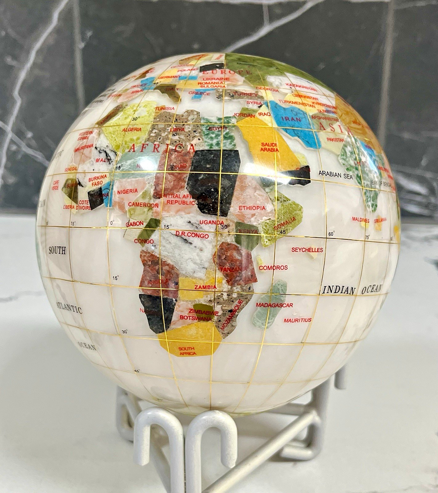 Mother of Pearl Gemstone World Globe, Multicolor, Handcrafted 19” Circumference