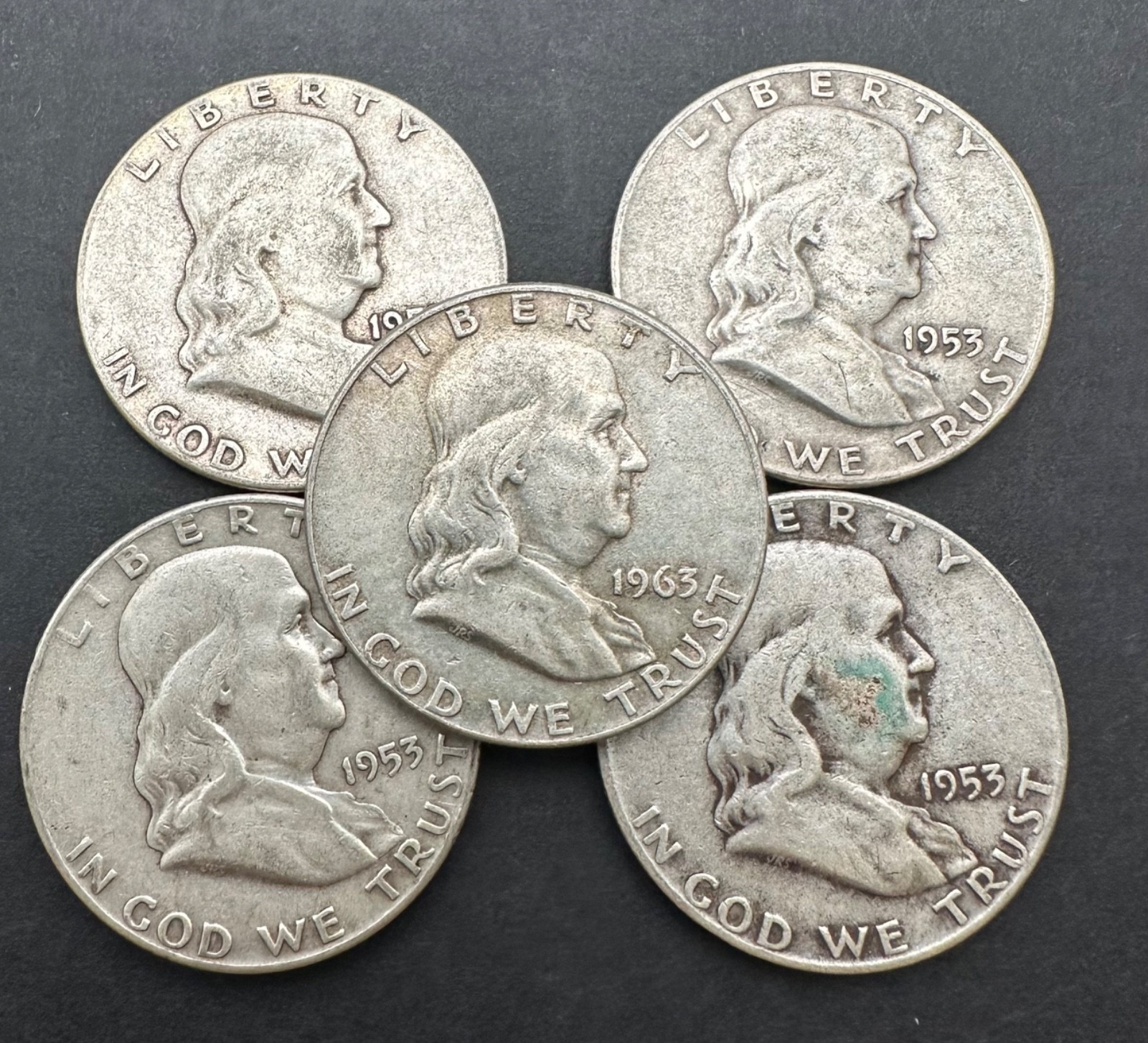Lot of 5 Franklin Half Dollars - 90% Silver  Mixed Dates -Circulated Condition