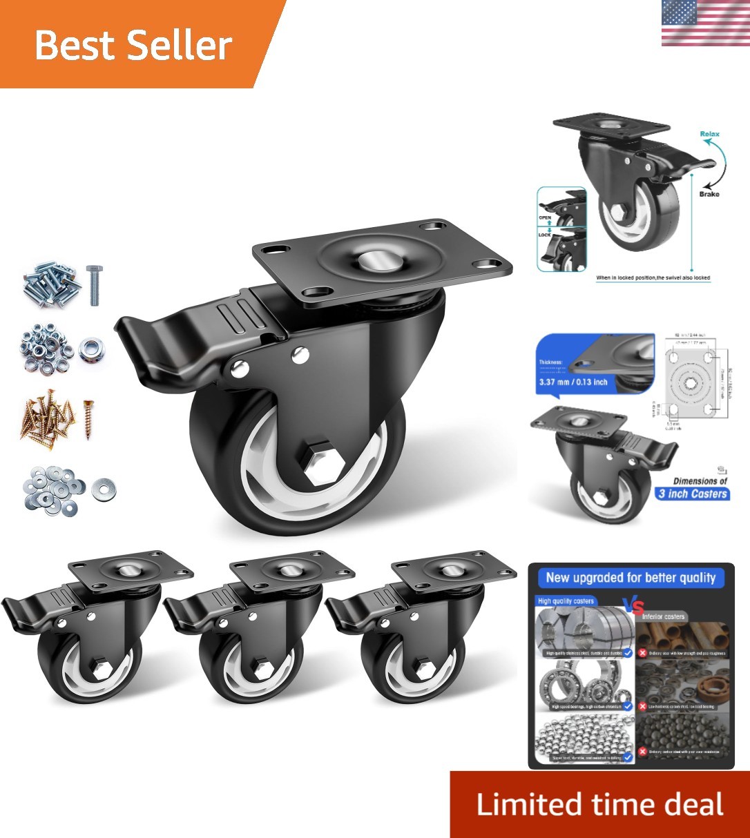 3-Inch Heavy Duty Locking Casters Set of 4 - 250 lbs Capacity, No Noise Wheels