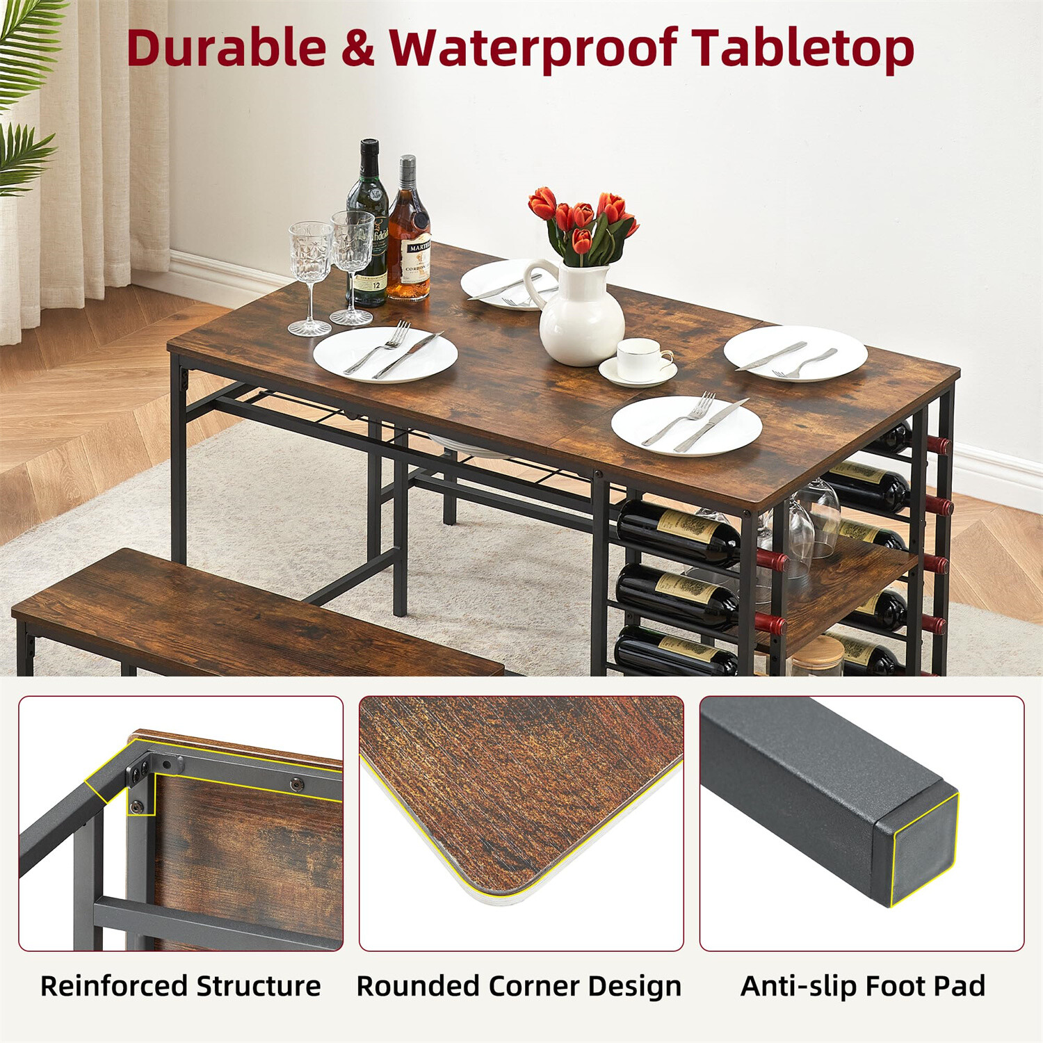 Dining Table Set with Wine Rack for 4 Kitchen Table Set for 4 with 2 Benches