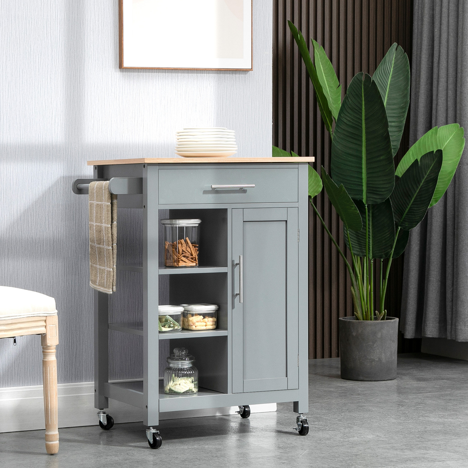 HOMCOM Kitchen Storage Island Utility Rolling Cart, Grey, Used