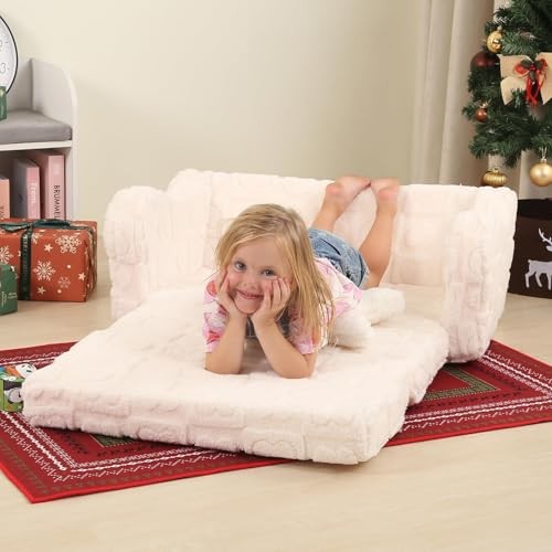 Toddler Couch, 2-in-1 Kids Soft Couch Fold Out with Star Pillow, Large Cream
