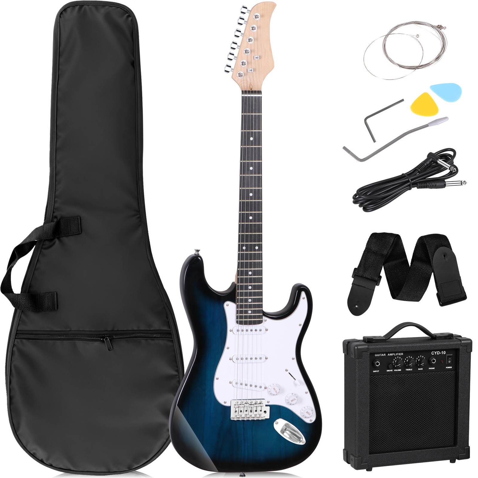 39" Blue Full Size Electric Guitar with Amp, Case Accessories Pack for Beginners