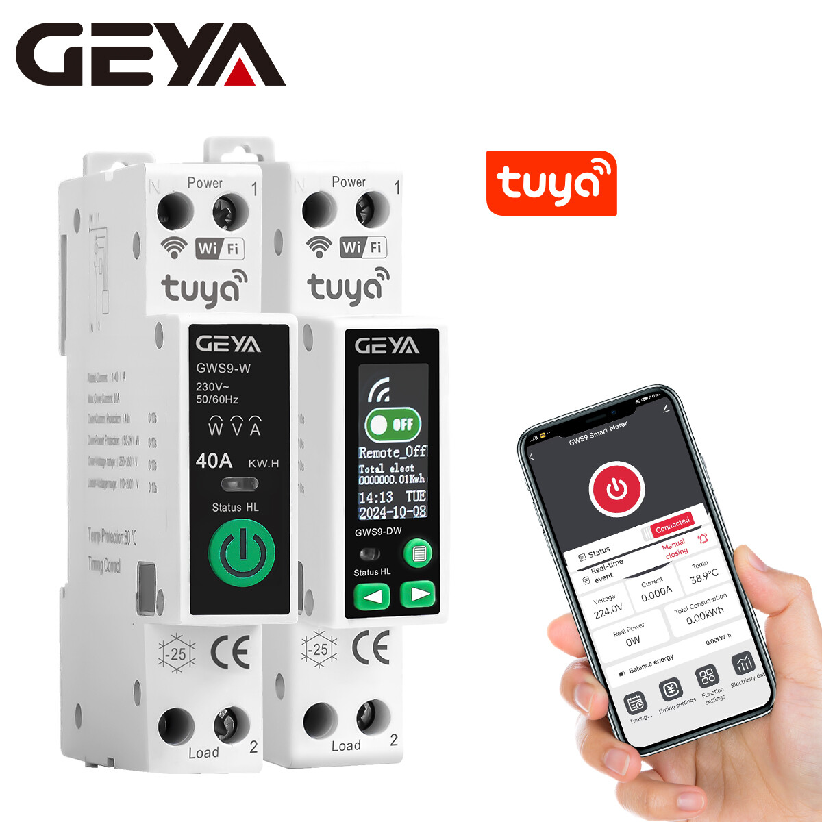 GEYA Tuya WIFI Circuit Breaker MCB Digital Display Switch 1P+N 63A Metering&Rail