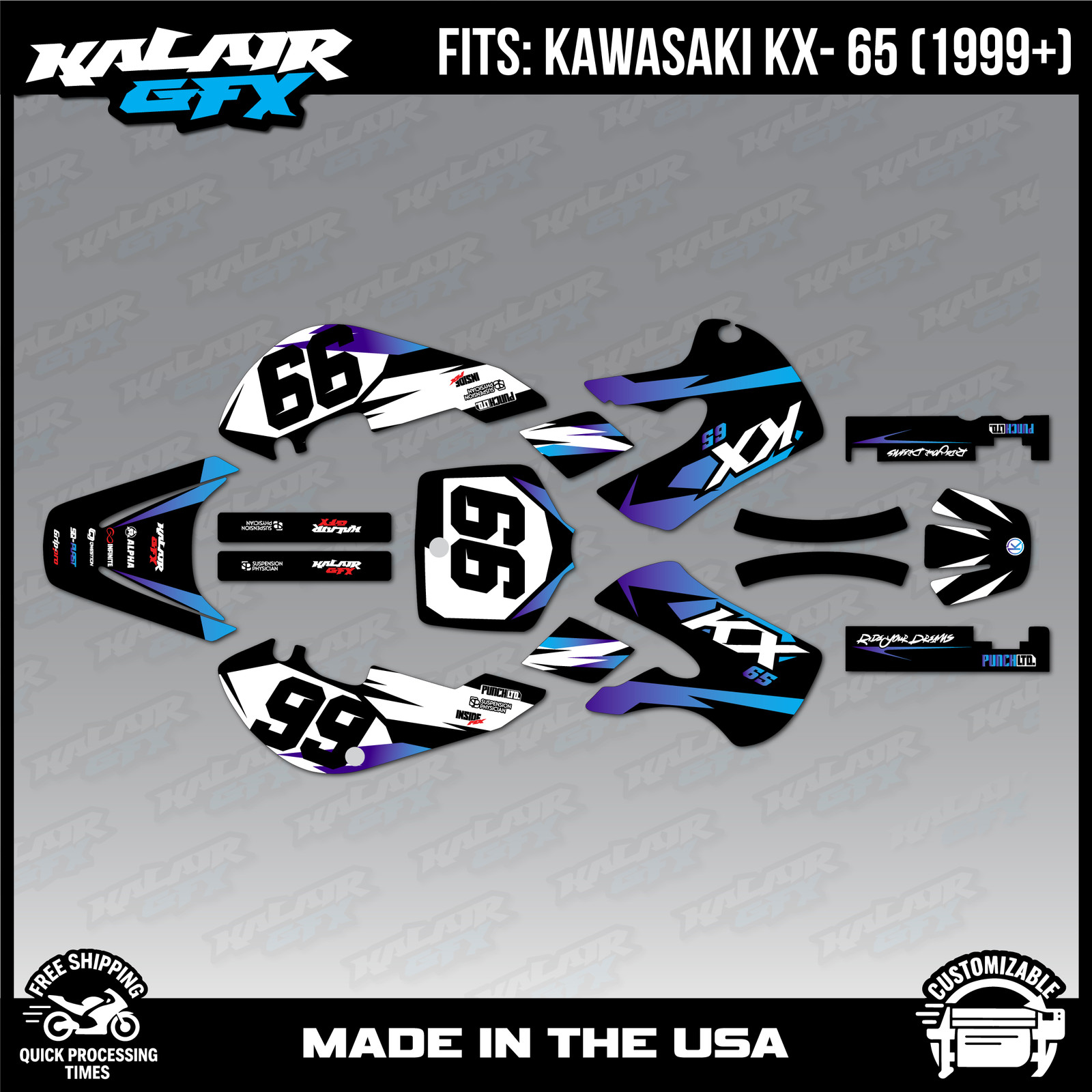 Graphics Kit for Kawasaki KX65 (1999-2024) KX 65 Division Series- Purple