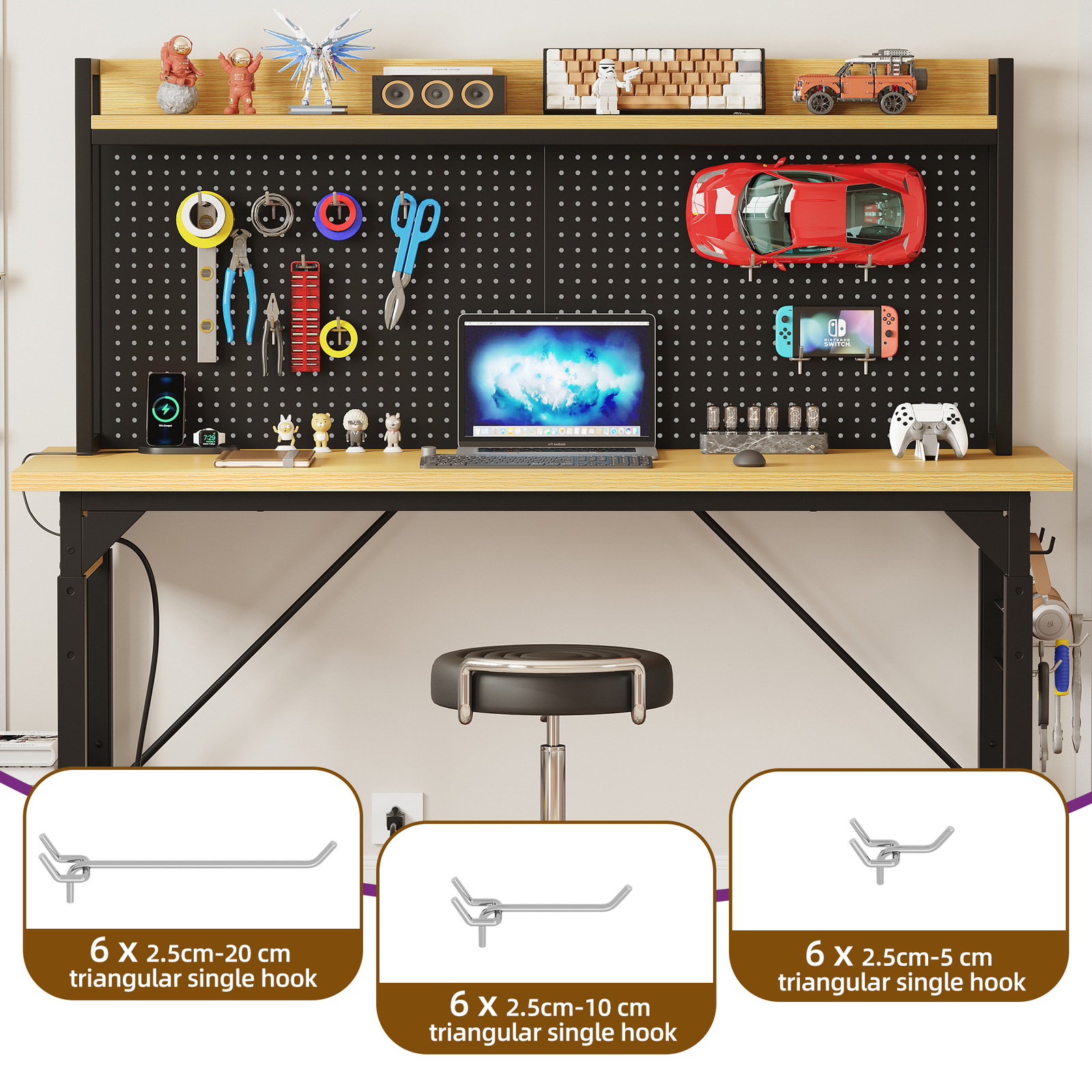 59" L Heavy-Duty Adjustable Workbench with Pegboard & Power Outlets Work Bench
