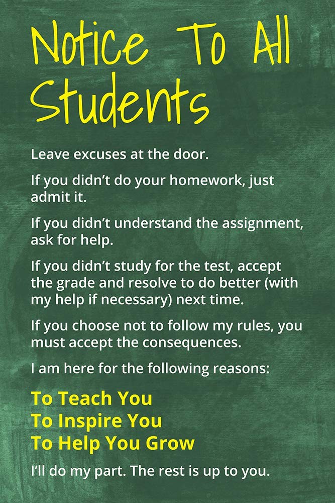 Motivational Classroom Poster Notice To All Students 12 x 18 Wall Art