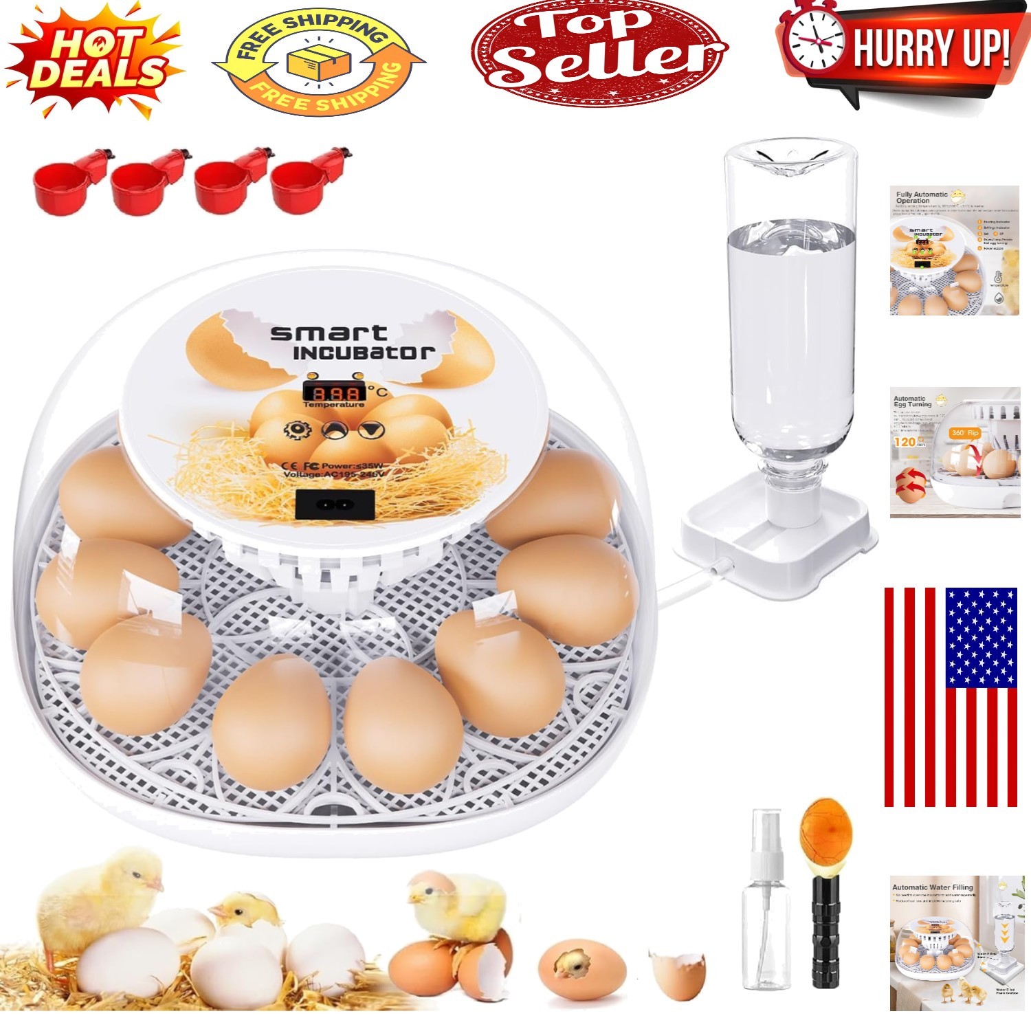 Automatic 12-Egg Incubator with Monitoring & Water Refill