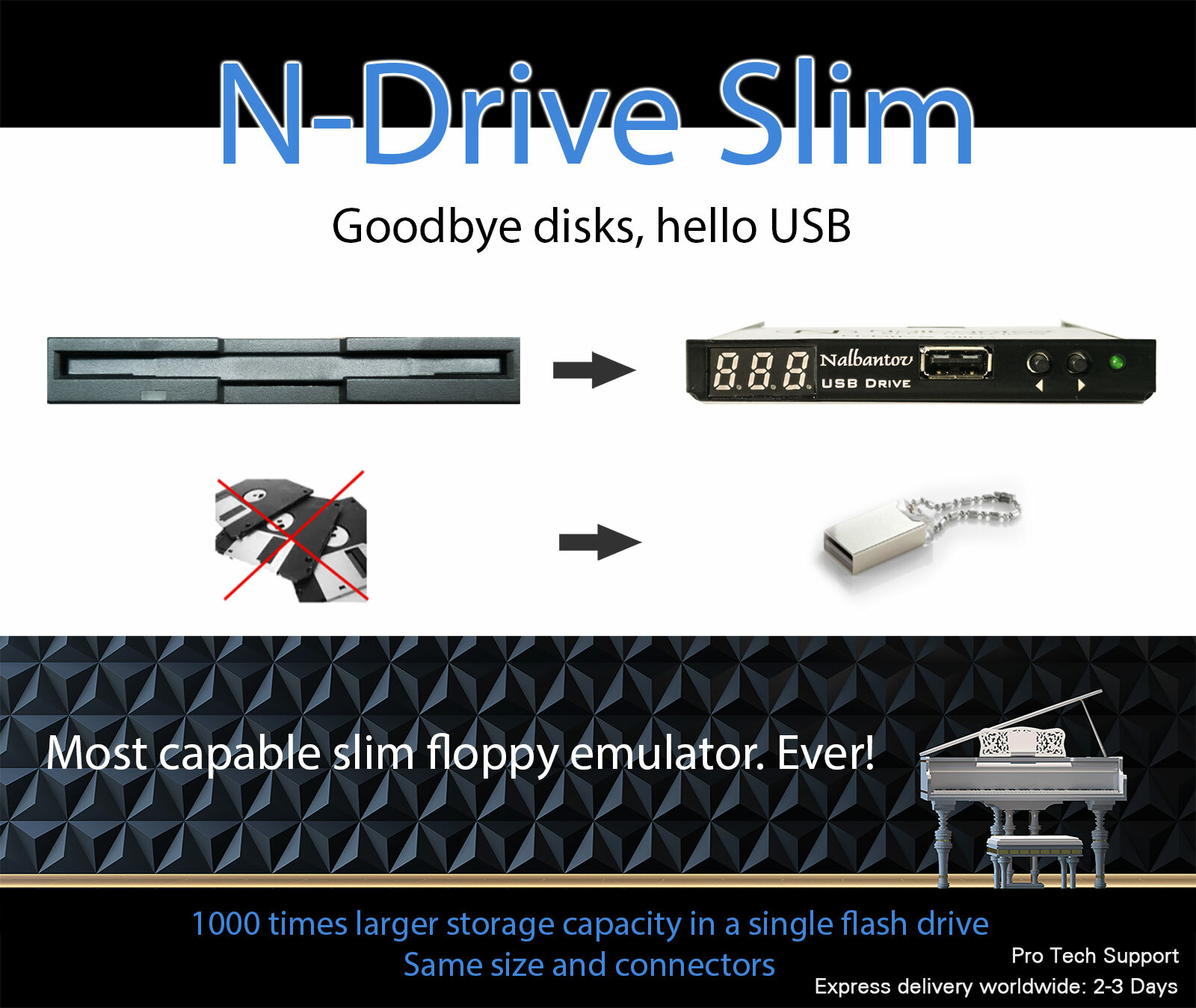 Floppy Disk Drive USB Emulator N-Drive Slim for PianoDisc PDS 228 CFX