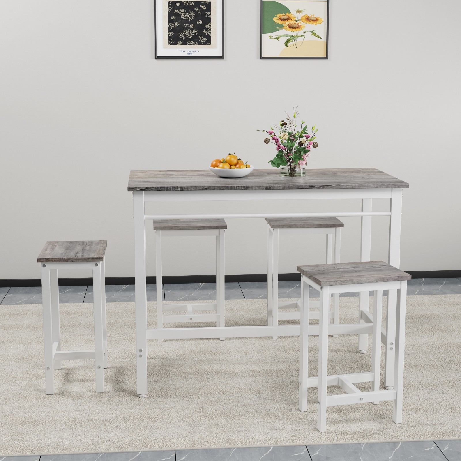 Modern 5PC Kitchen Bar Table Set w/Stools Metal Frame White Oak