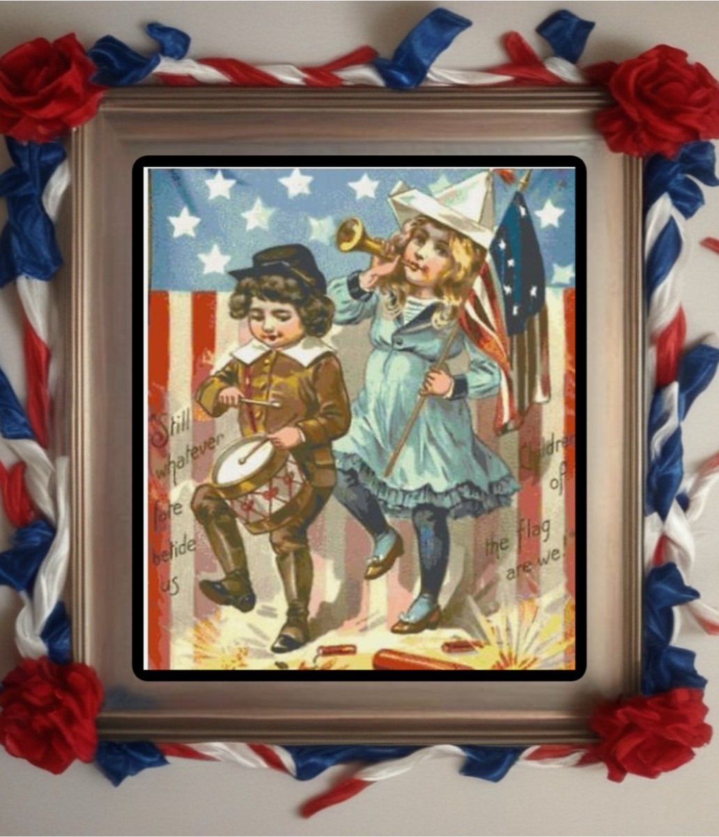 Vintage 4th of July Kids w Flag Counted Cross Stitch Pattern Needlepoint