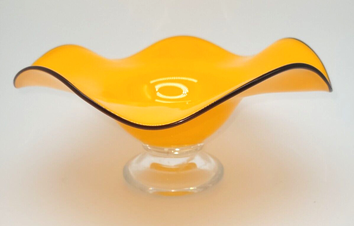 Teleflora Orange Yellow Pedestal Footed Compote Bowl Dish Wavy 9 1/2" x 4 3/4"