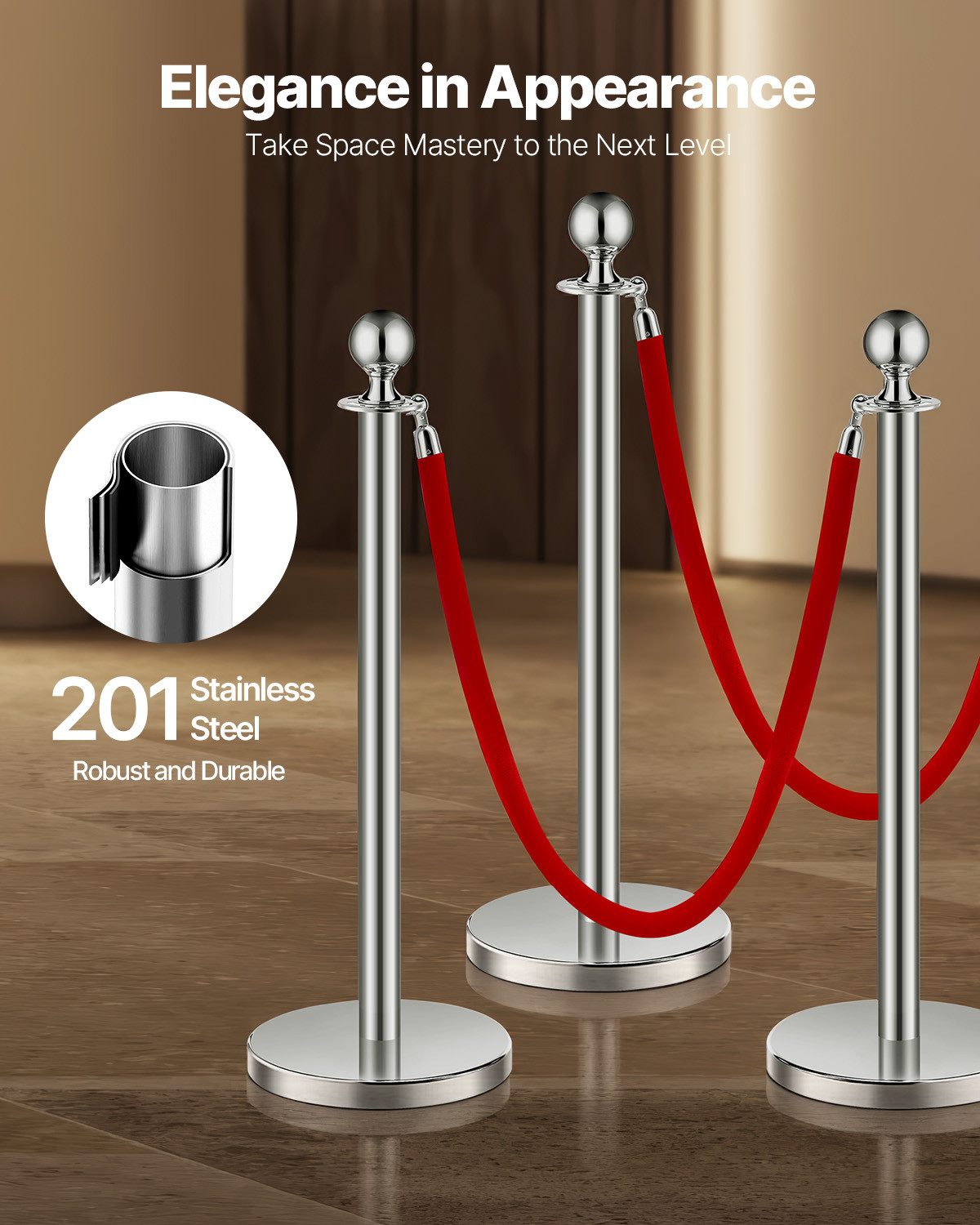 6 Pcs Silver Stanchion Post 3 Red Velvet Ropes Sand Injection Hollow Base