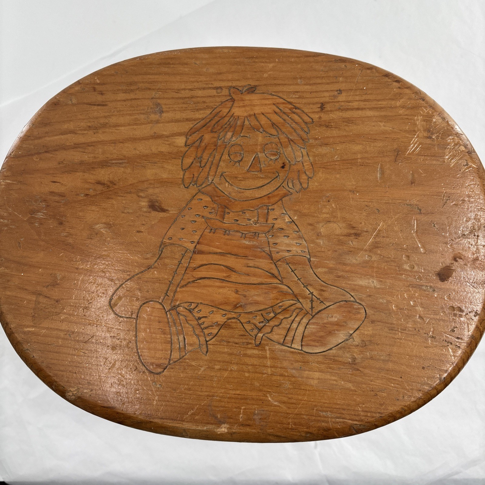 Handmade Wooden Child’s Step Stool Vintage Nursery Pyrography Raggedy Ann Chunky