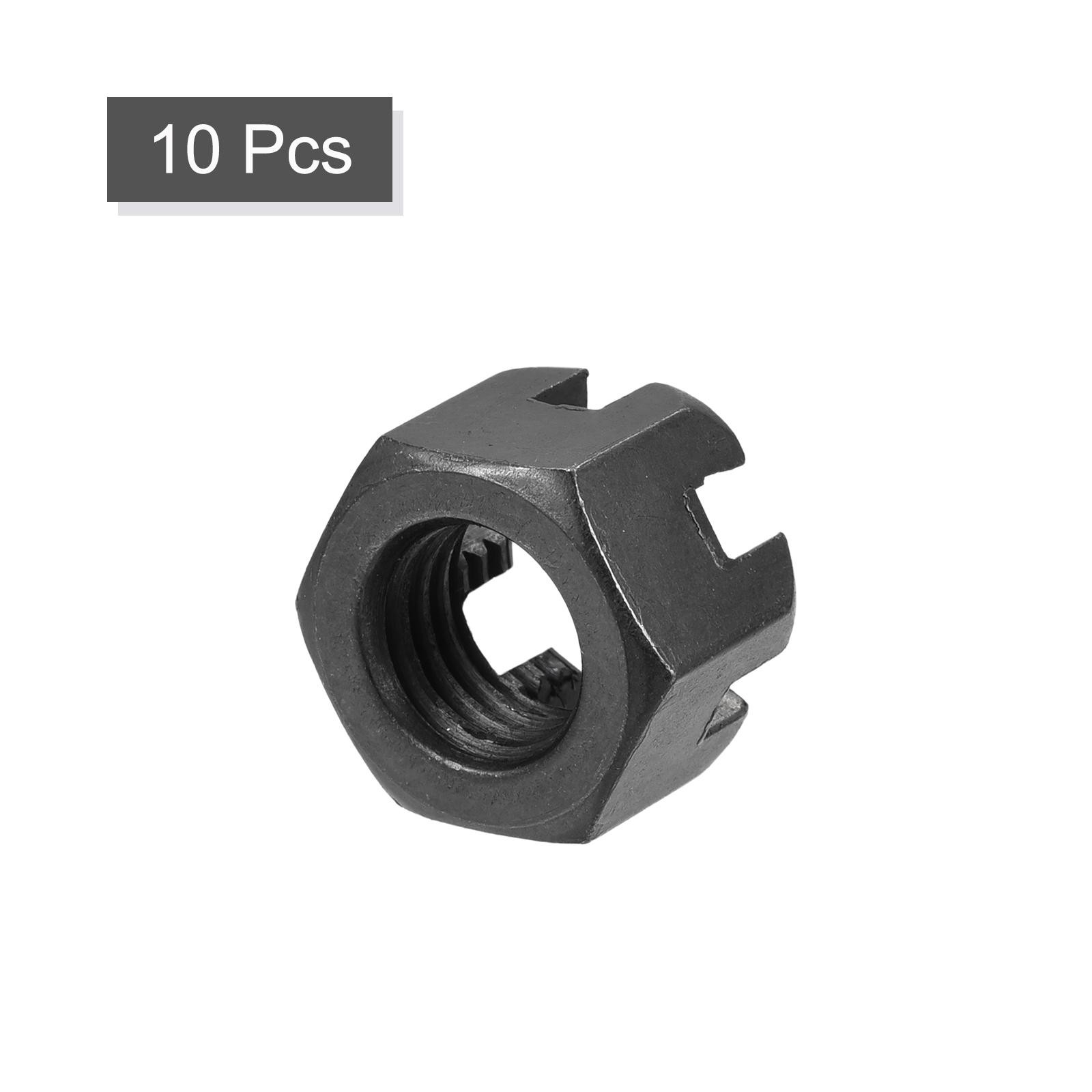 M12x1.75mm Hexagon Slotted Nut, Grade 4.8 Carbon Steel Nuts Black 10Pcs