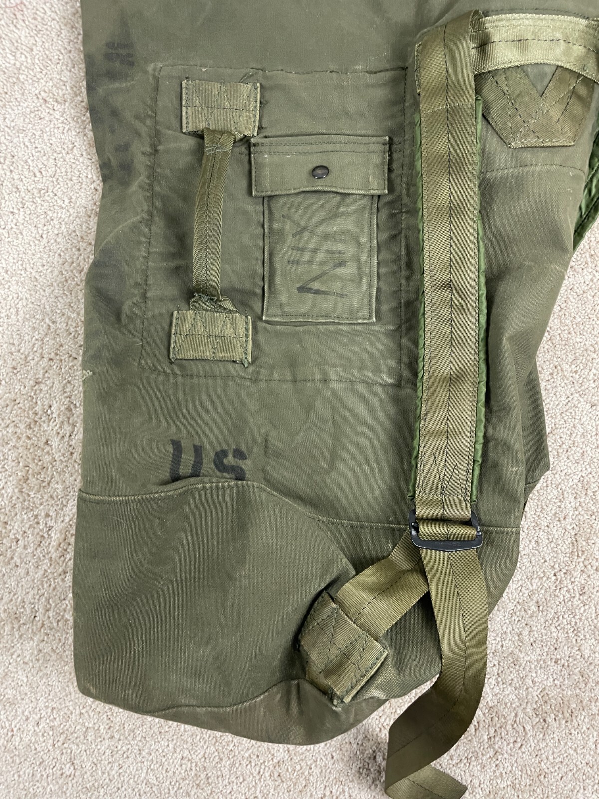 Vintage US Military Army Backpack Duffel Bag Adjustable Strap Pockets Green