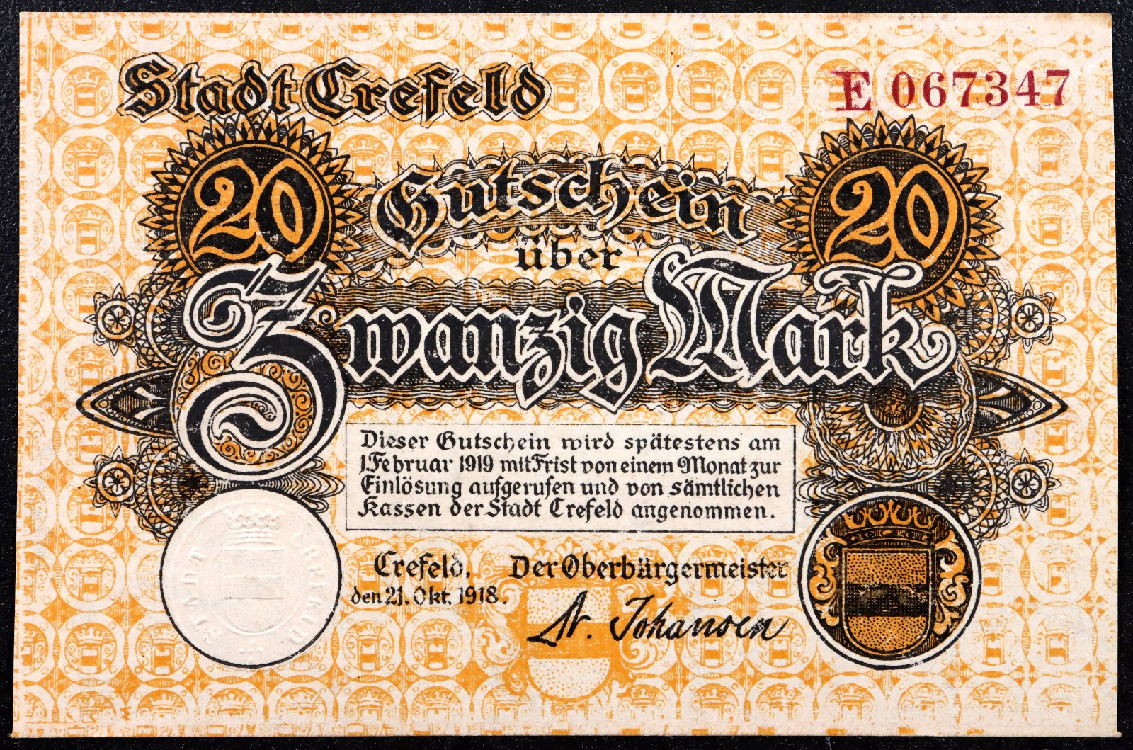 CREFELD / KREFELD 1918 20 Mark WWI Grossnotgeld German Notgeld