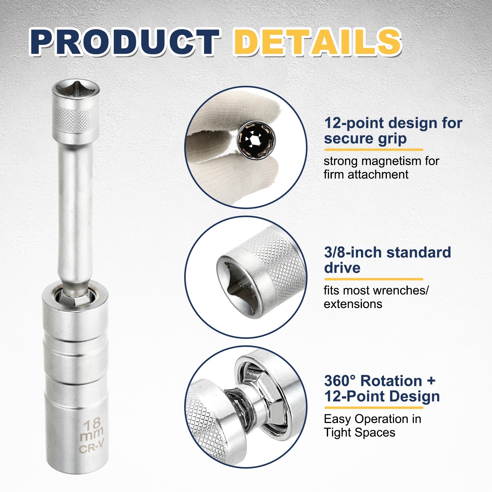 2pcs Spark Plug Socket 3/8" Drive 18mm Medium Swivel Magnetic Silver