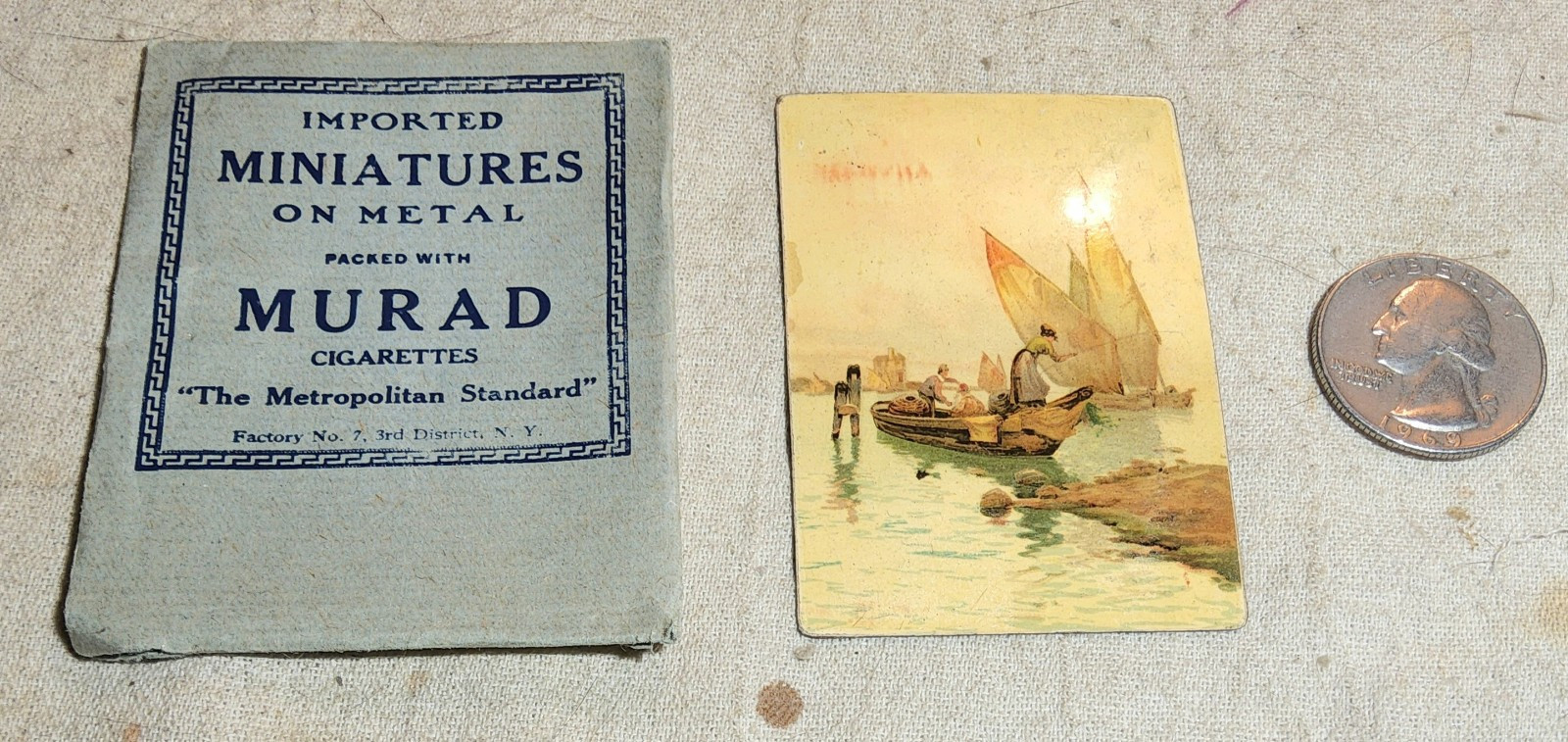 RARE ANTIQUE MURAD CIGARETTES VICTORIAN SHIP ON METAL INSERT IN PACKAGE GERMANY
