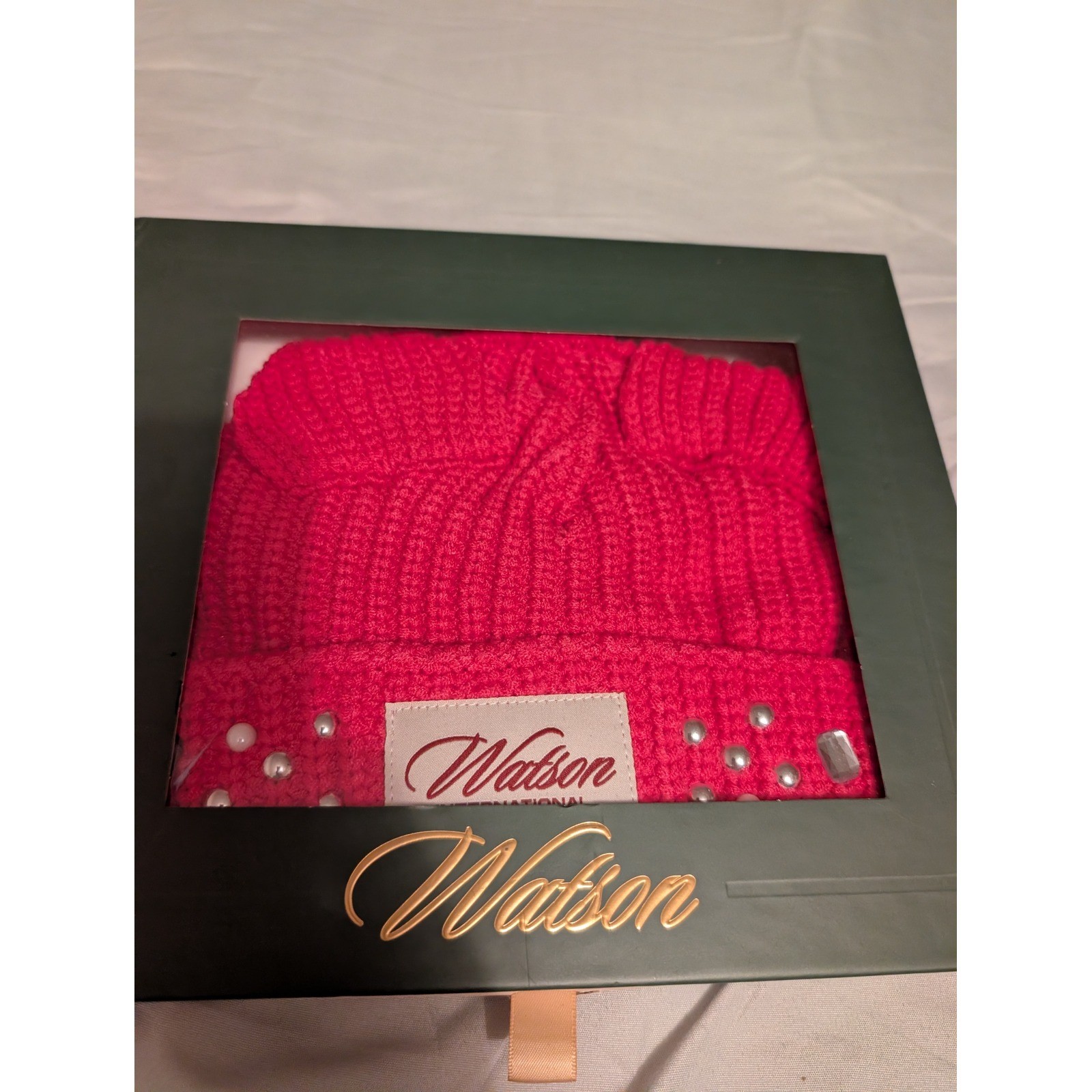 Watson Studios Pink Cat Ears Beanie Hat Rhinestone Pearl Embellished Ribbed Knit