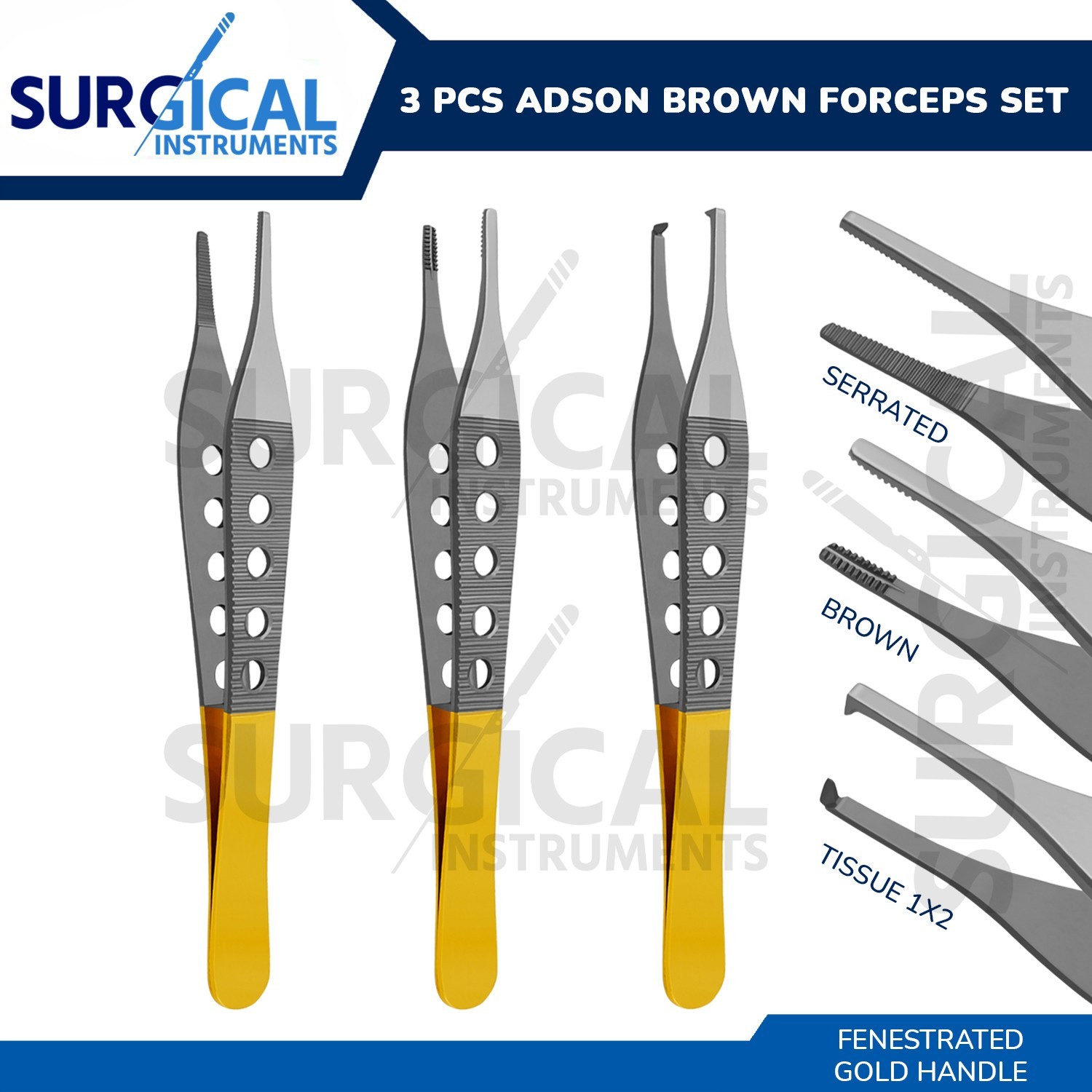 3 Pcs Adson Fine Tissue, Brown And Dressing W/ Fenestrated Gold Handle German Gr