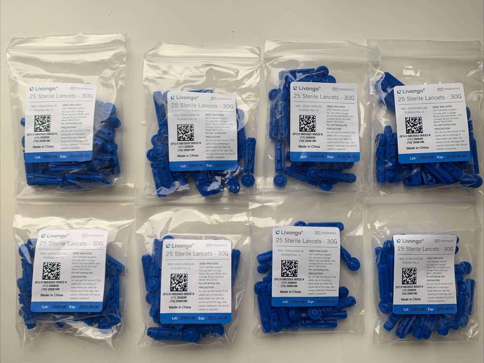 LIVONGO STERILE LANCETS - 8 BAGS OF 25 - 200 TOTAL - EXP 09/29/2025*
