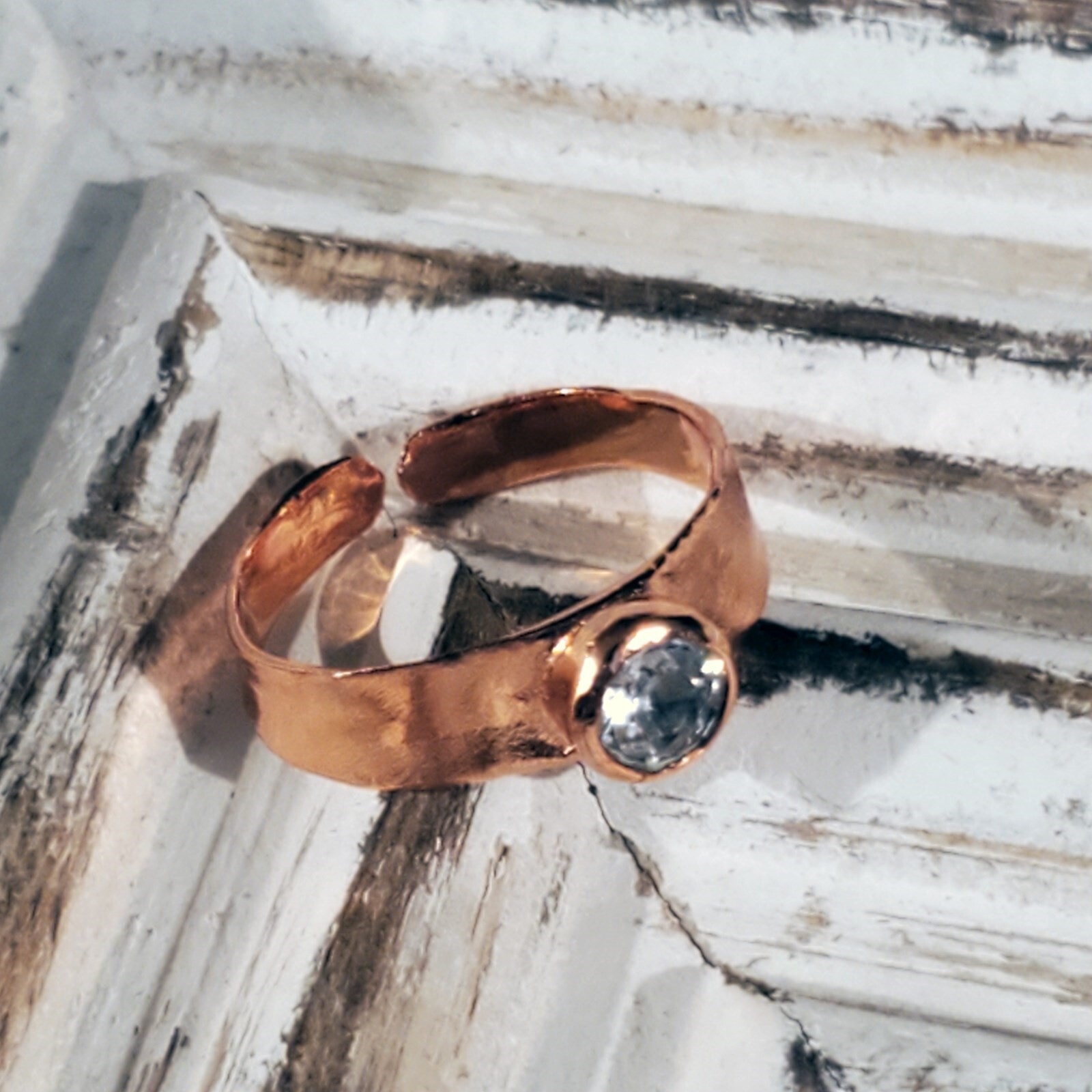 Handcrafted Pure Solid Copper India Round CZ Adjustable Ring