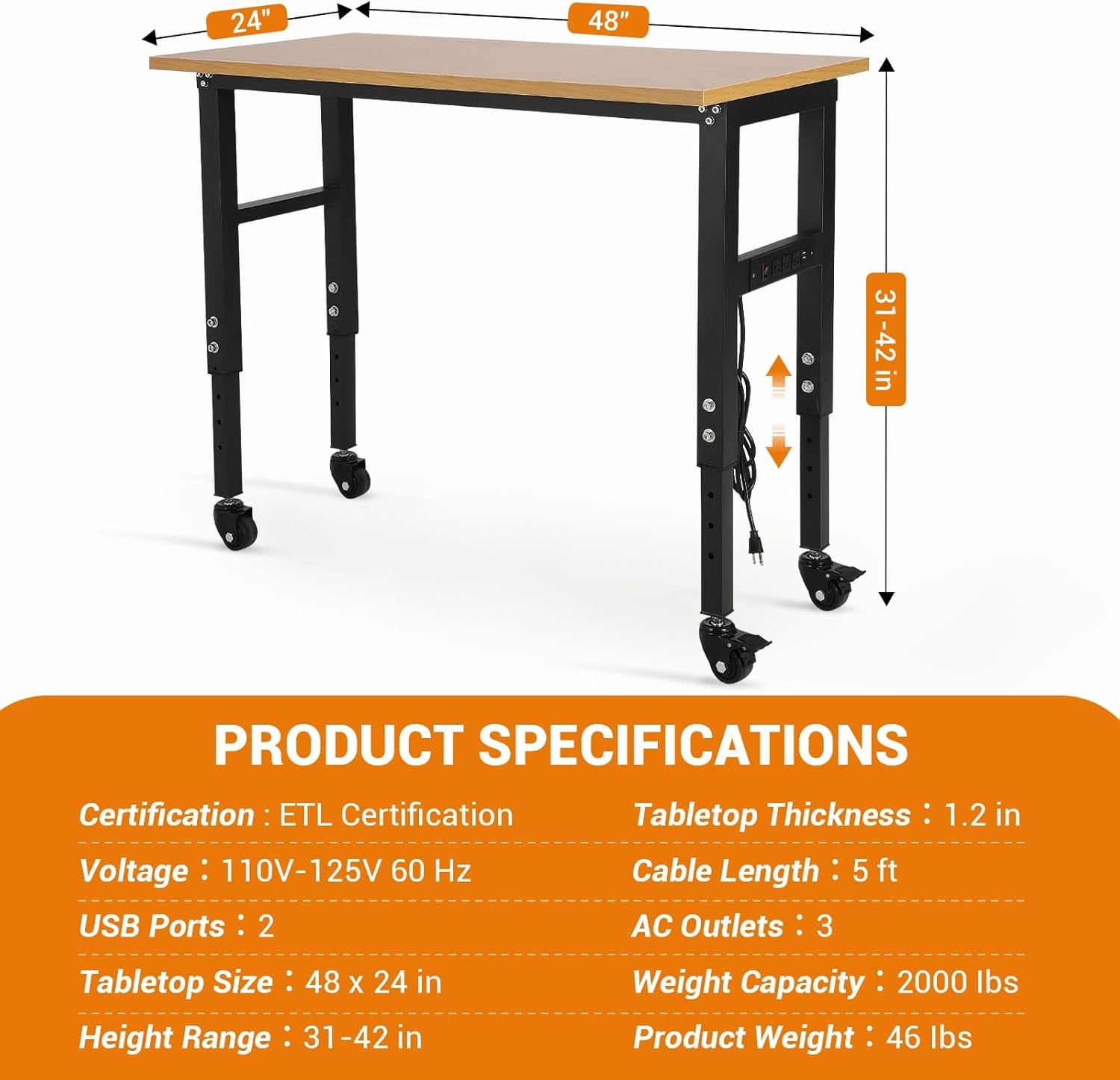 Adjustable 48" Workbench Heavy Duty Garage Table with Power Outlet for Workshop