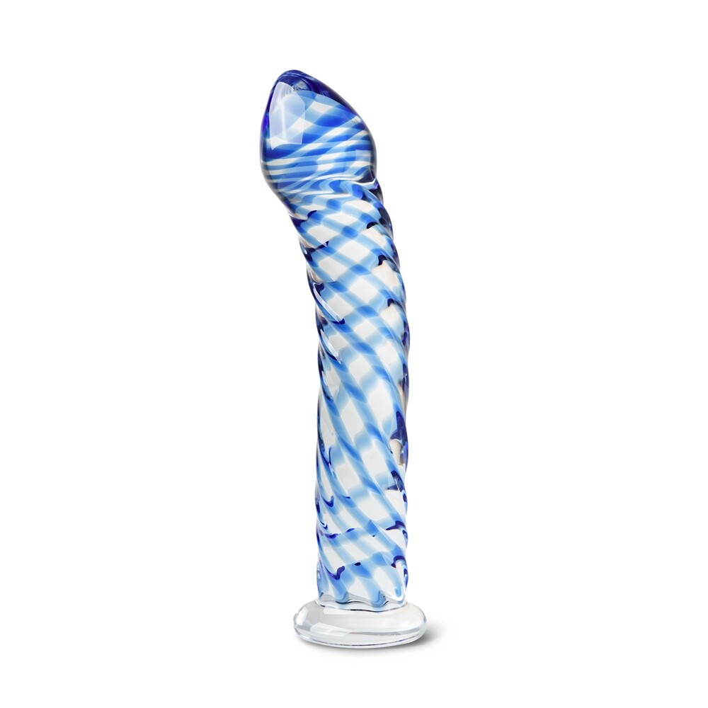 6.7 inch Spiral Twist Curved Clear Glass Dildo & Blue Accent G-Spot Anal Sex Toy