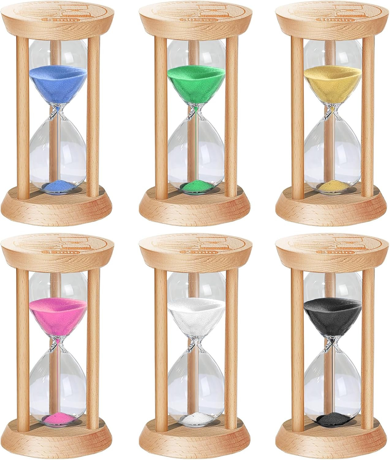 Sand Hourglass Timer Set: 30 Sec/1/2/3/5/10 Minutes Wooden Sand Clock, Colorful