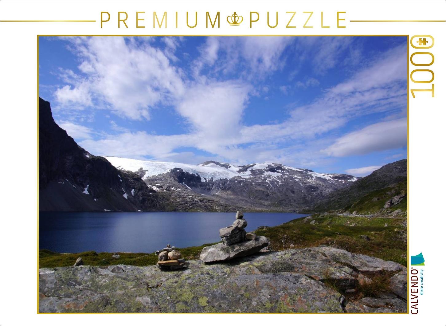 CALVENDO Puzzle Aufgestapelte Varden vor einem Fjord | 1000 Teile Lege-Größe 64x