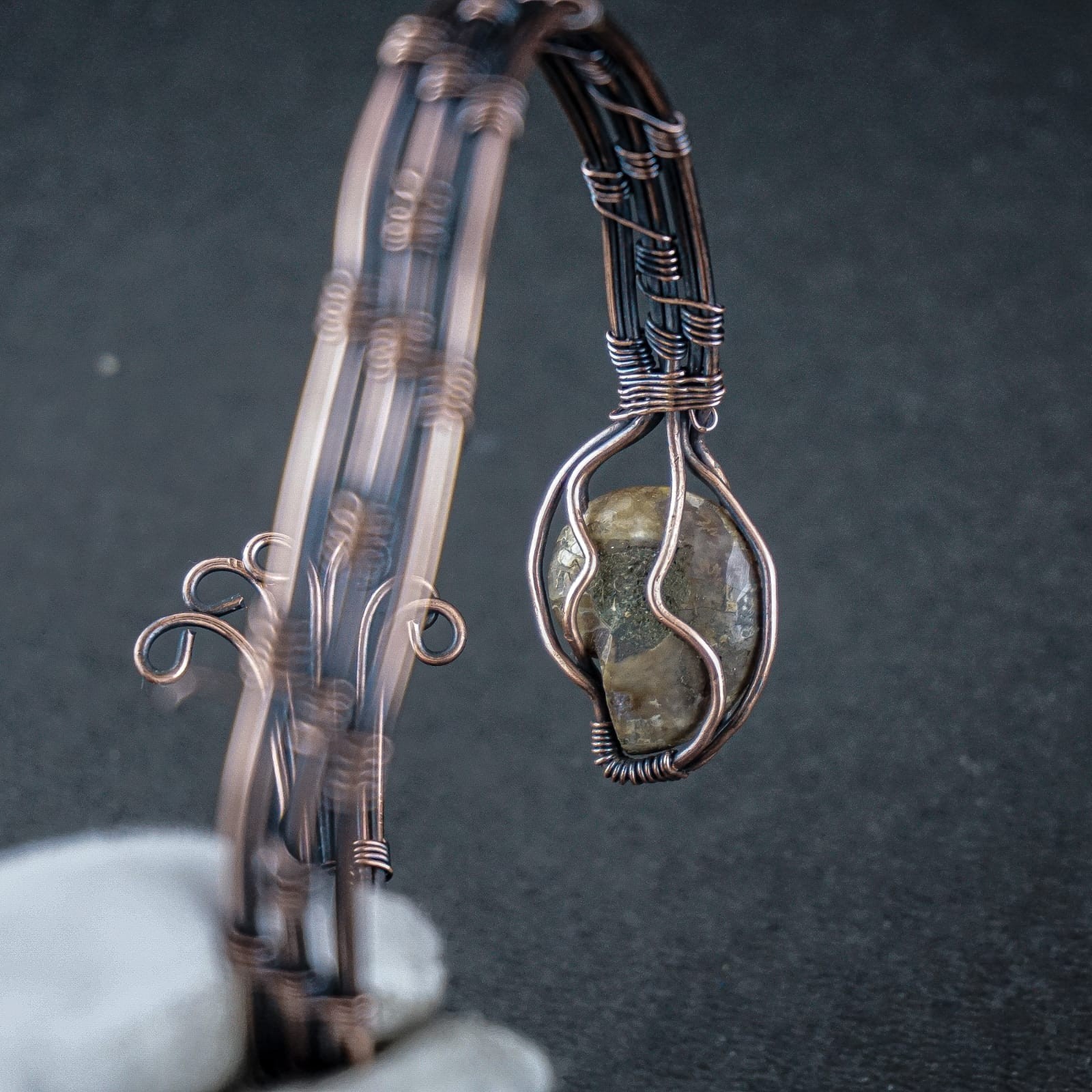 Ammonite Fossil Copper Wire Wrapped Cuff Bracelet Handmade Boho Artisan Bangle