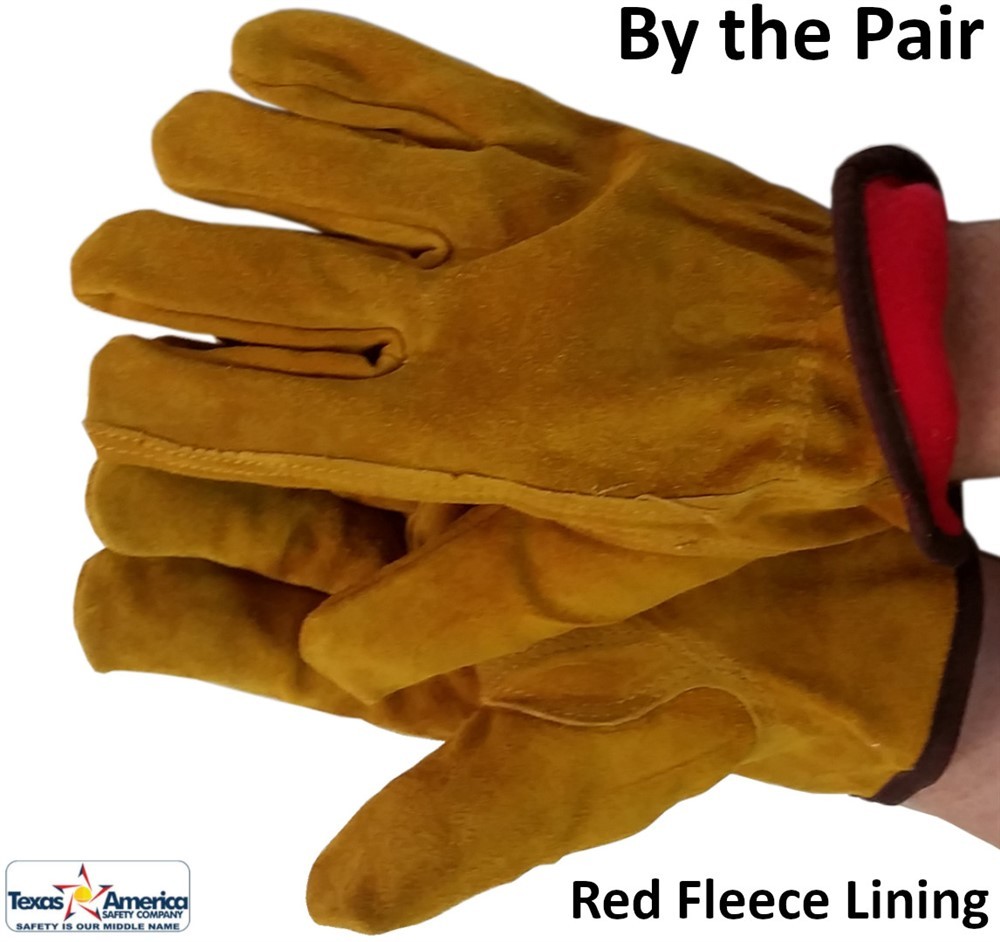 Grain Cowhide Gloves with Red Fleece Lining (Sold by the Pair)