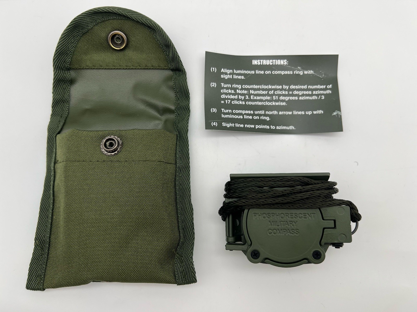 New O.D. Green GI Phosphorus Lensatic Compass with Pouch