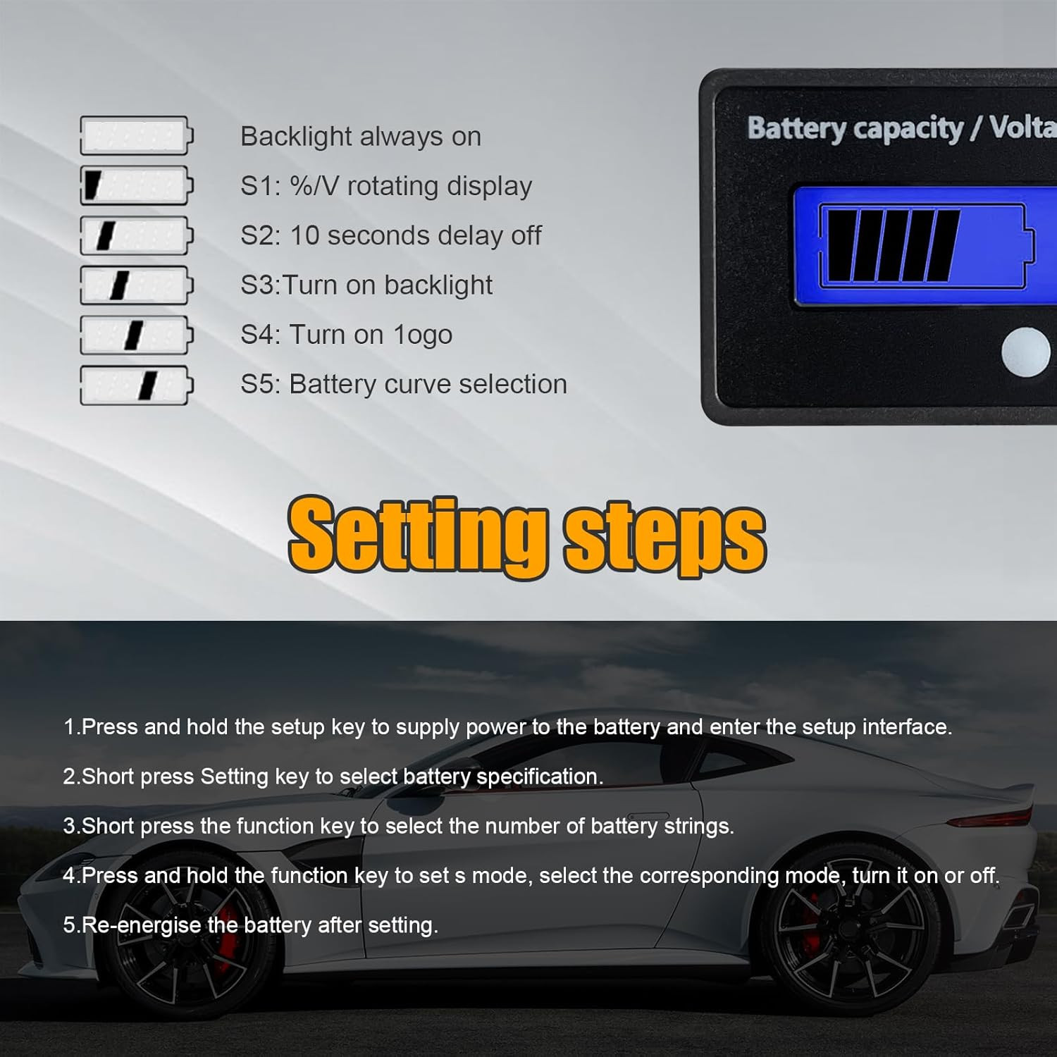Golf Cart Battery Meter 12V-84V with LCD Display & Waterproof Design