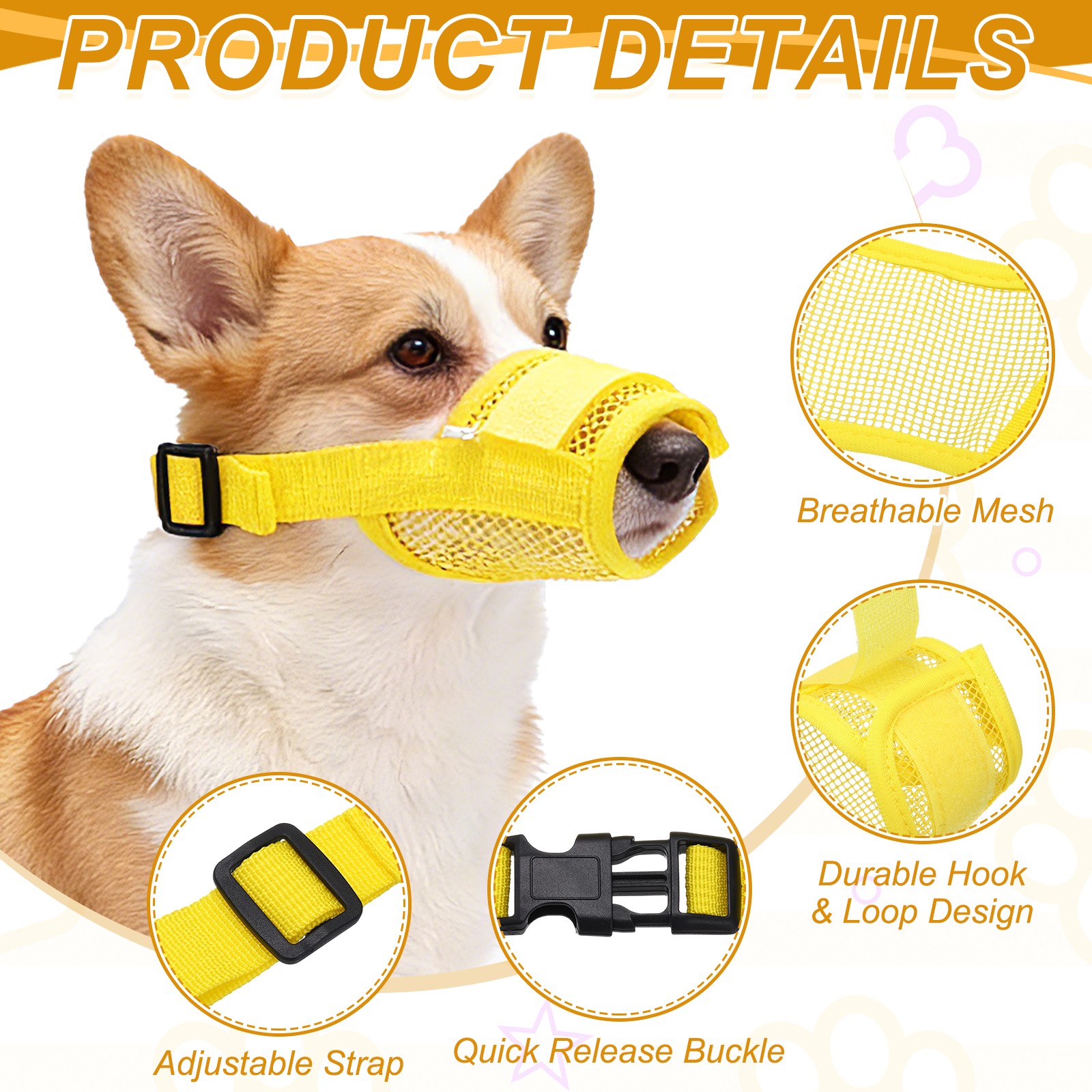 Dog Muzzle Soft Mesh Muzzle Mouth Guard Cover Yellow L