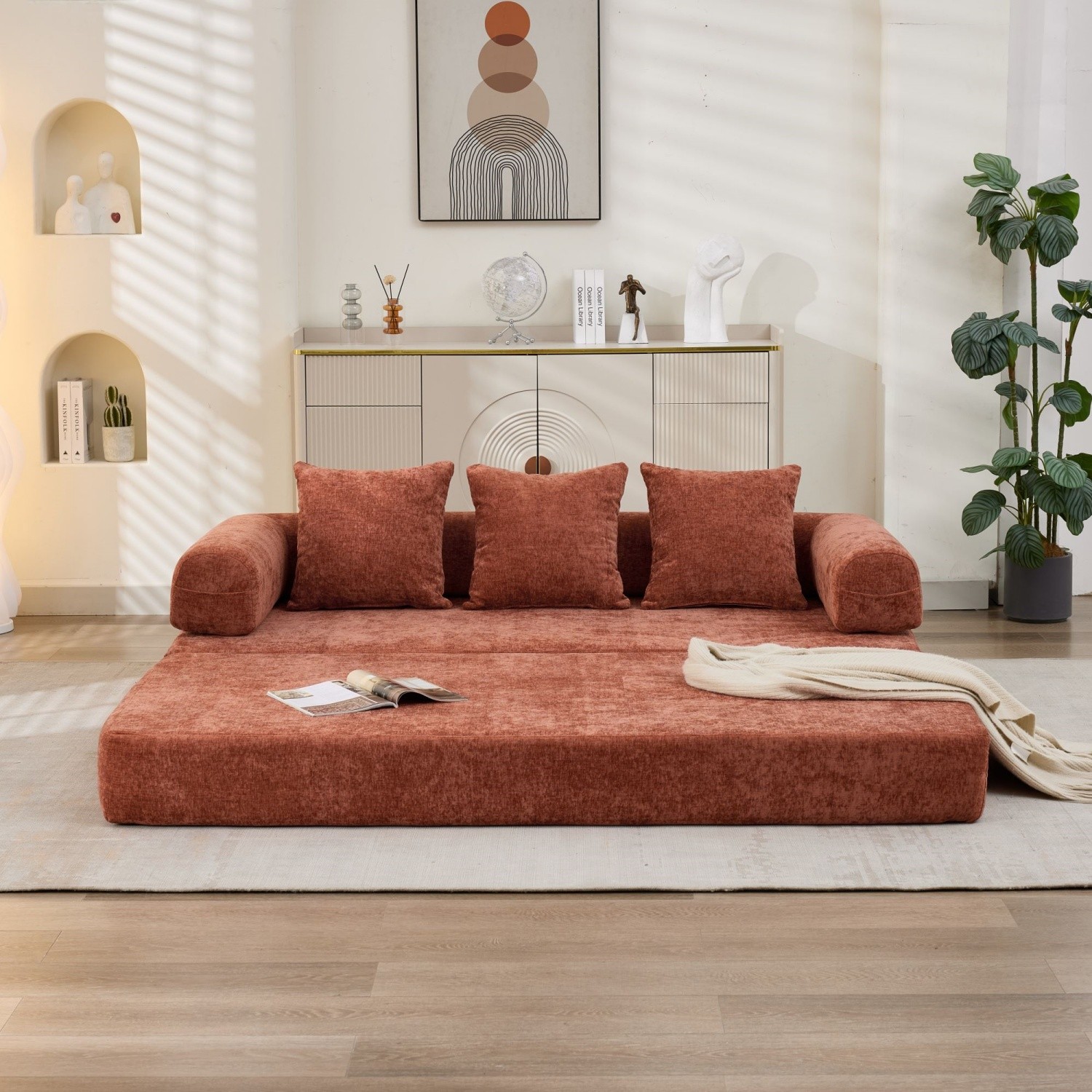 Modern Convertible Floor Sofa Bed Folding Mattress Couch w/ Armrests & Pillows