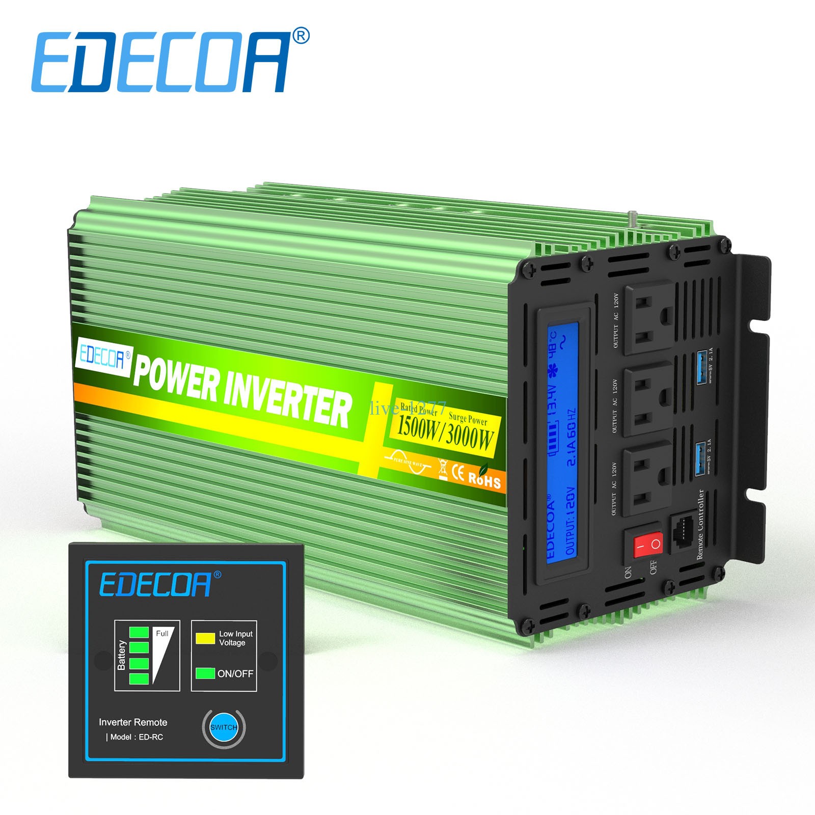 EDECOA Pure Sine Power Inverter 1500W 12V DC to 110V 120V AC LCD USB RV Truck