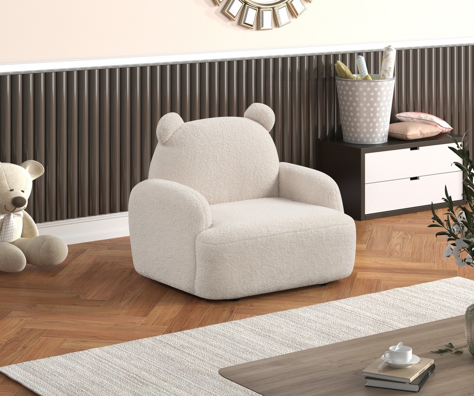 Kids Beige Sherpa Bear Armchair with Embellished Ears, 10.5" Seat Height