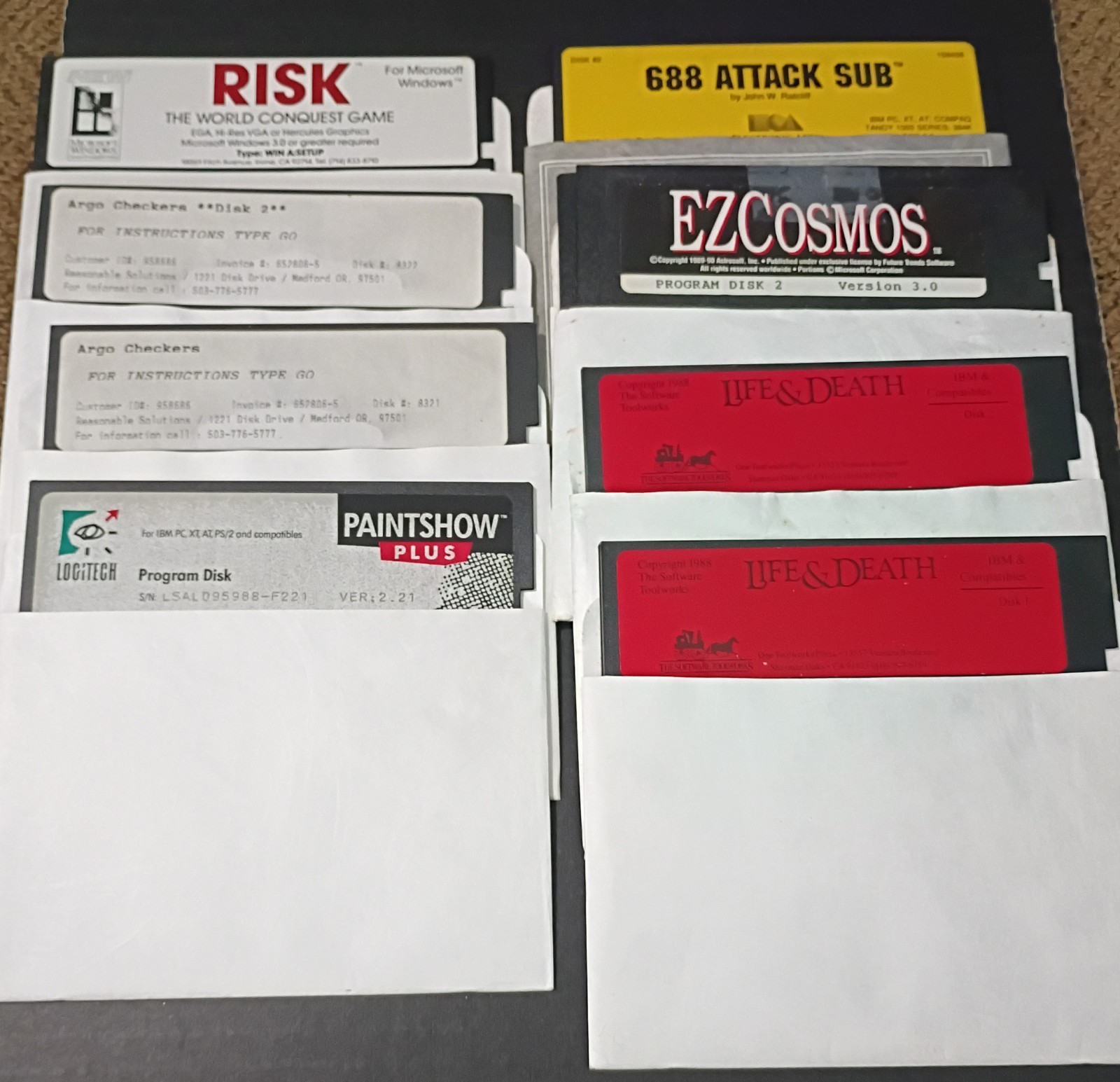 5.25" Floppy Disk Game Lot IBM Tandy Risk, EZcosmos, Life & DEATH, ARGO Checkers