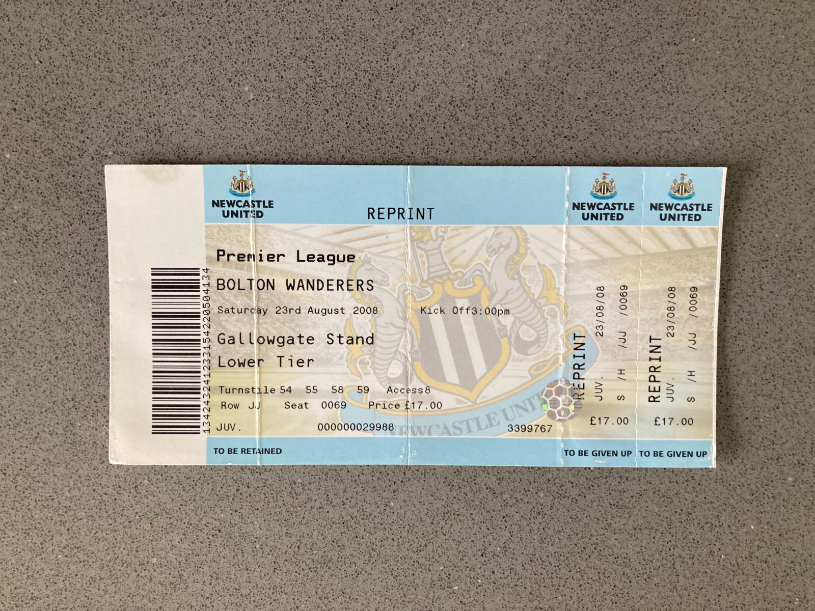 Newcastle United v Bolton Wanderers 2008-09 Match Ticket