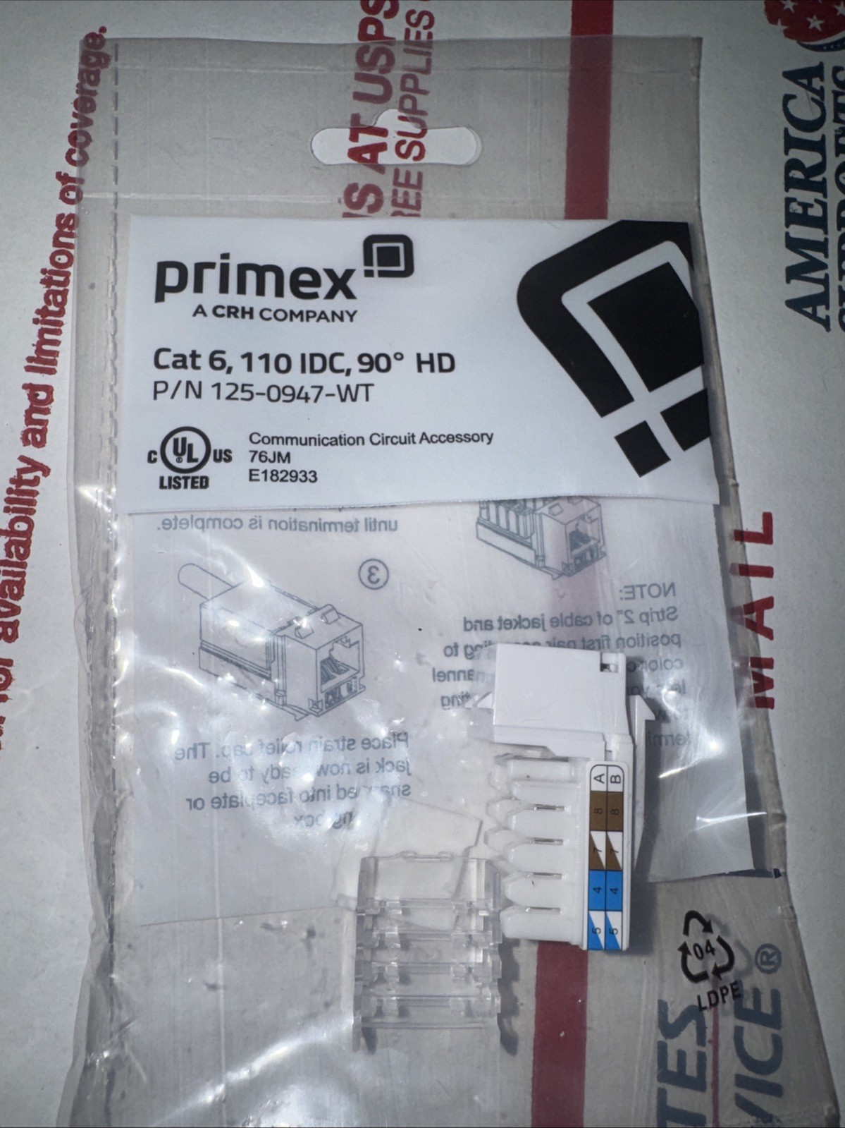 x6 Primex Cat.6  Network Connector RJ-45 Female High-Speed 125-0947-WT x6