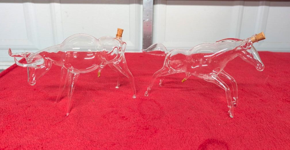 Antique 1930s German Art Glass Bull and Horse Whiskey Decanters