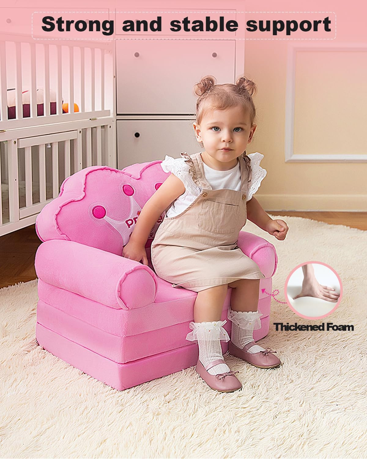 Kids Couch Fold Out, Foldable Princess Chair for Toddlers 1-3, Kids Furniture fo