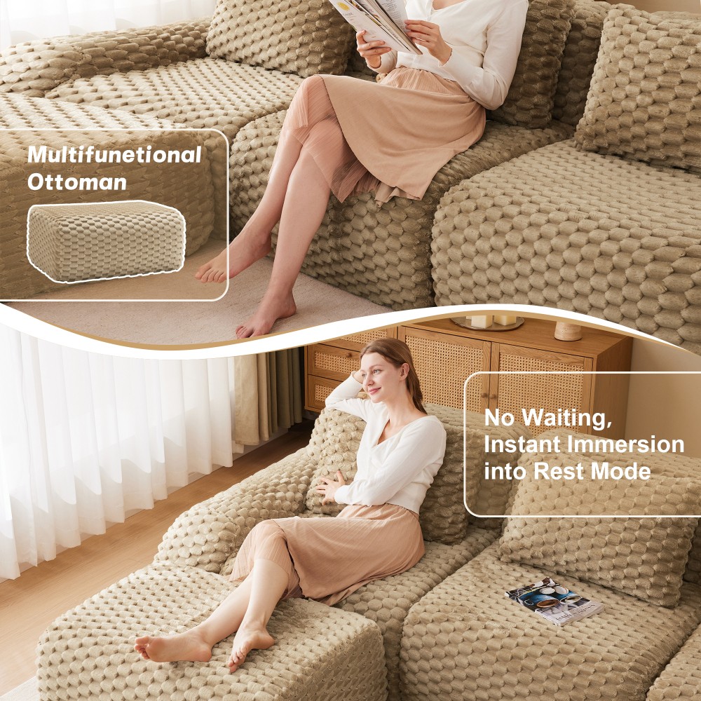 114" L-Shaped Modular Sectional Sofa w/ Ottoman, Flannelette, Light Camel