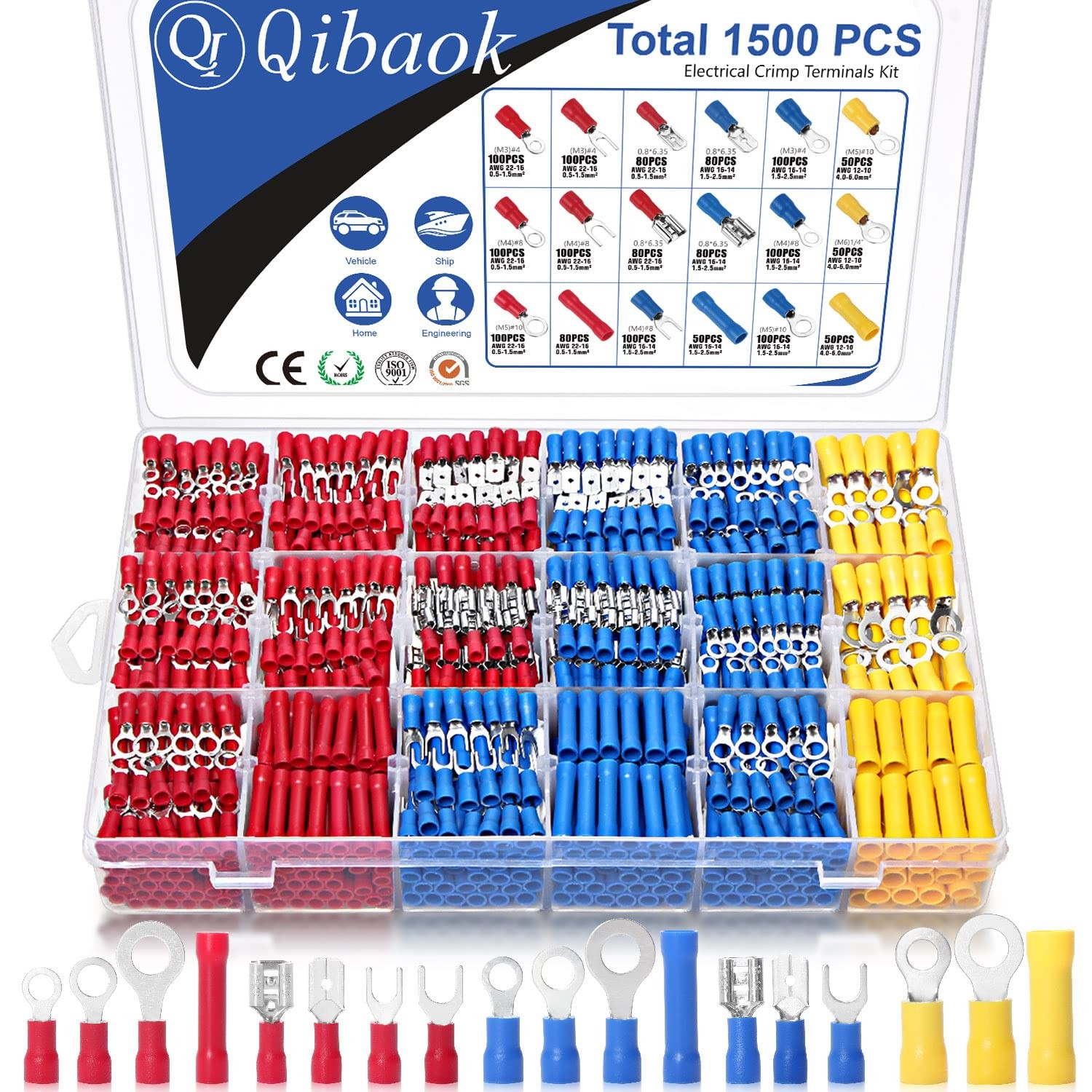Qibaok 1500pcs Wire Connectors - Insulated Electrical Wire Terminals (Copper) -