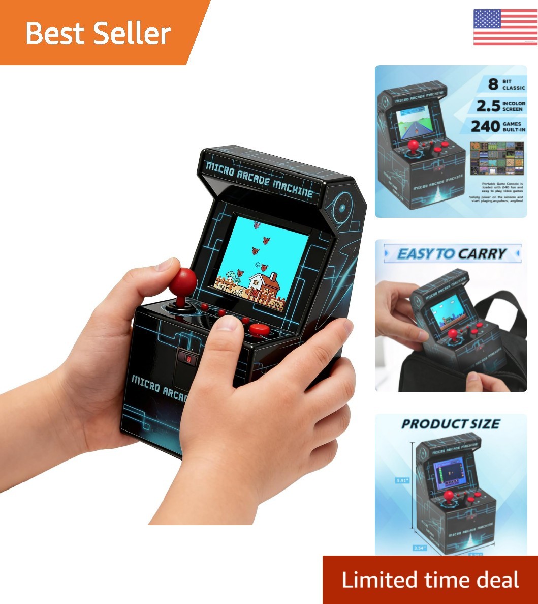 Retro Handheld Game Console for Kids, Mini Arcade Machine with 240 Built-in G...
