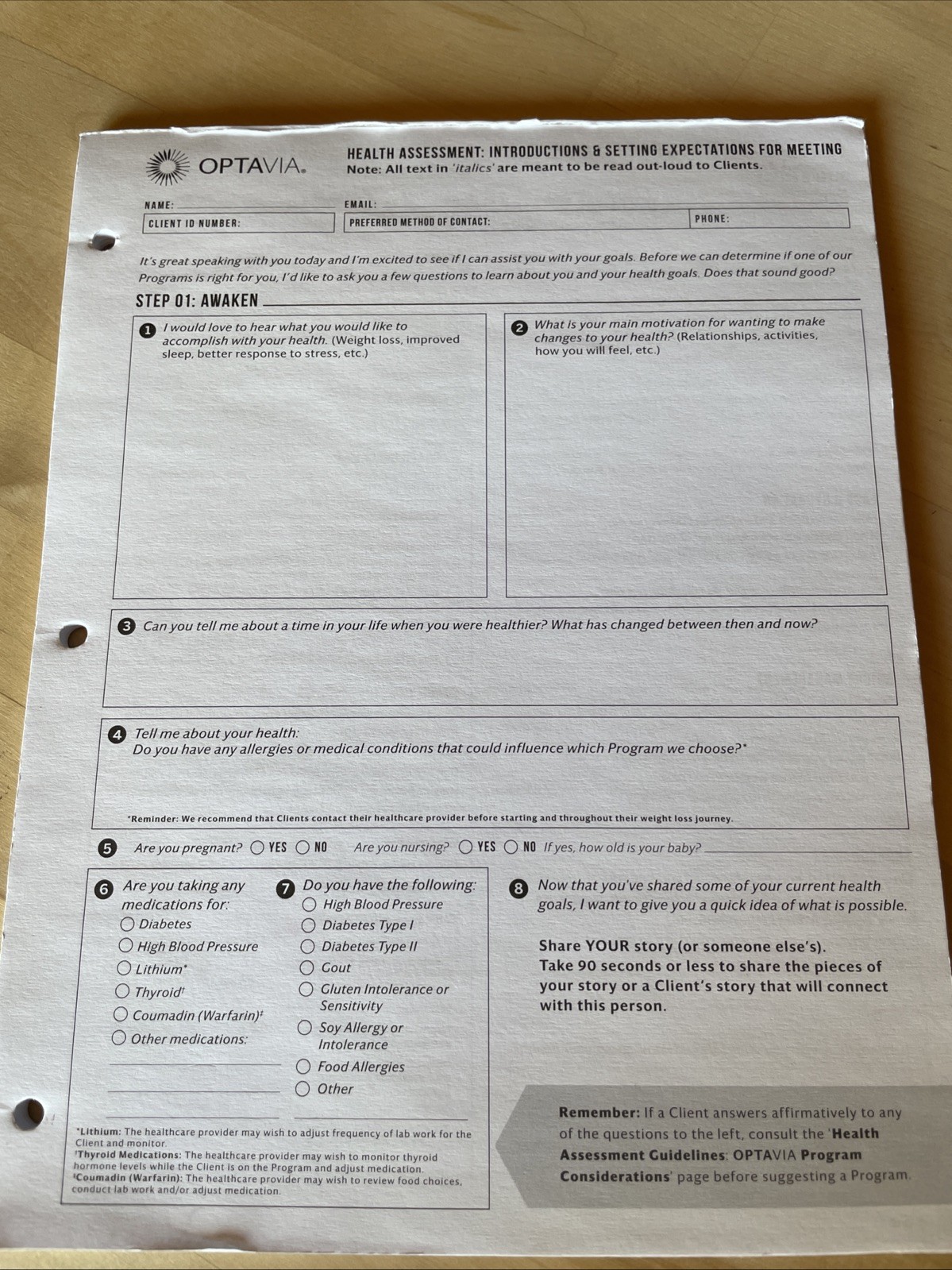 OptaVia Health Assessment Coaches Notepad
