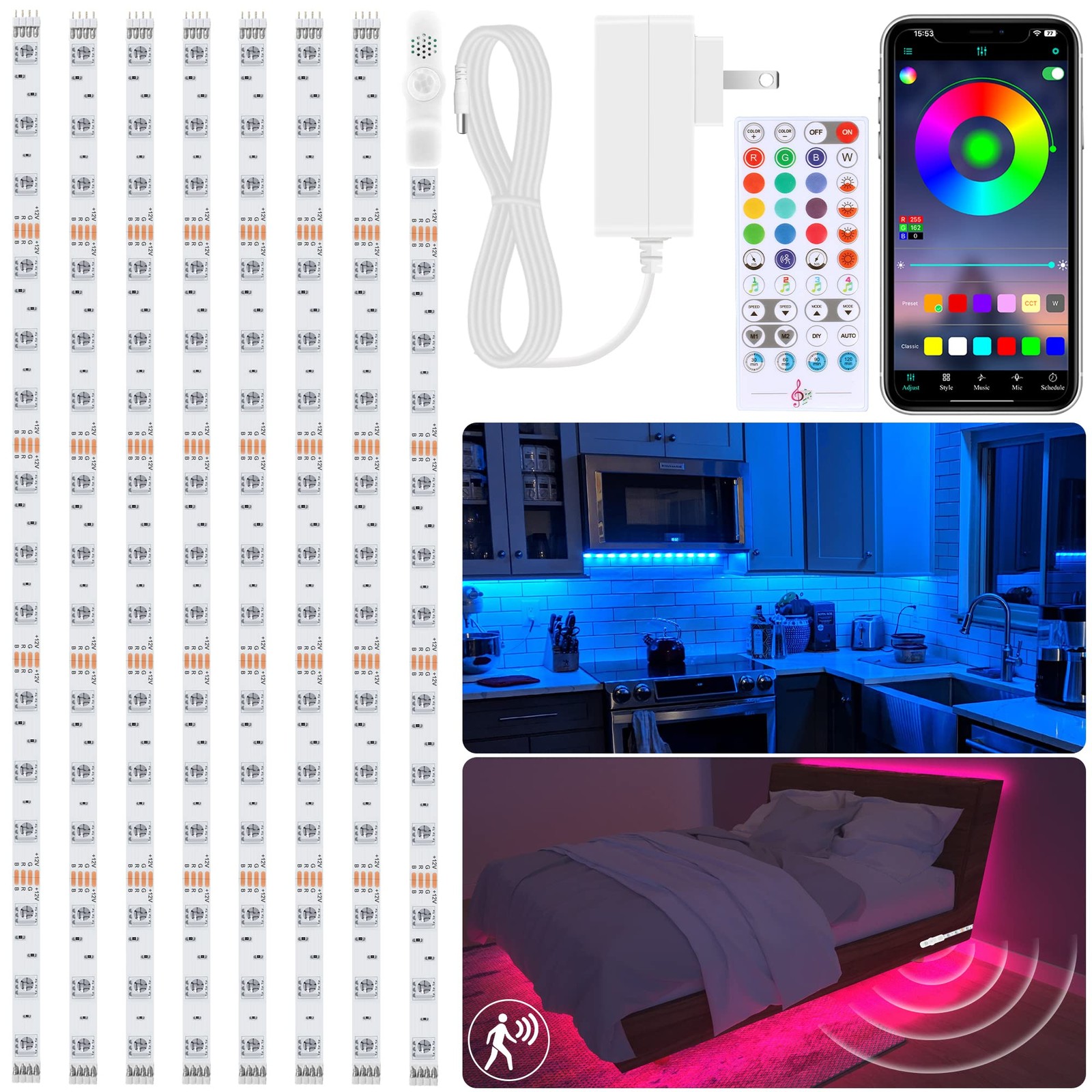 8 PCS Motion RGB Under Cabinet Lights Kit, App and Remote Control Lights, Mus...